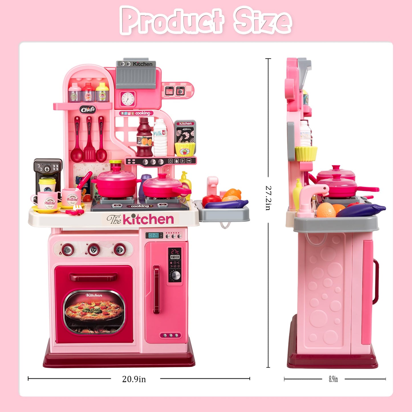 Kids Kitchen Playset-53pcs Cooking Stove,Paly Sink,Oven,Kitchen Toys with Realistic Lights&Sounds，Pretend Play Toys,Kitchen Toys for Toddlers 1 2 3 (Pink)