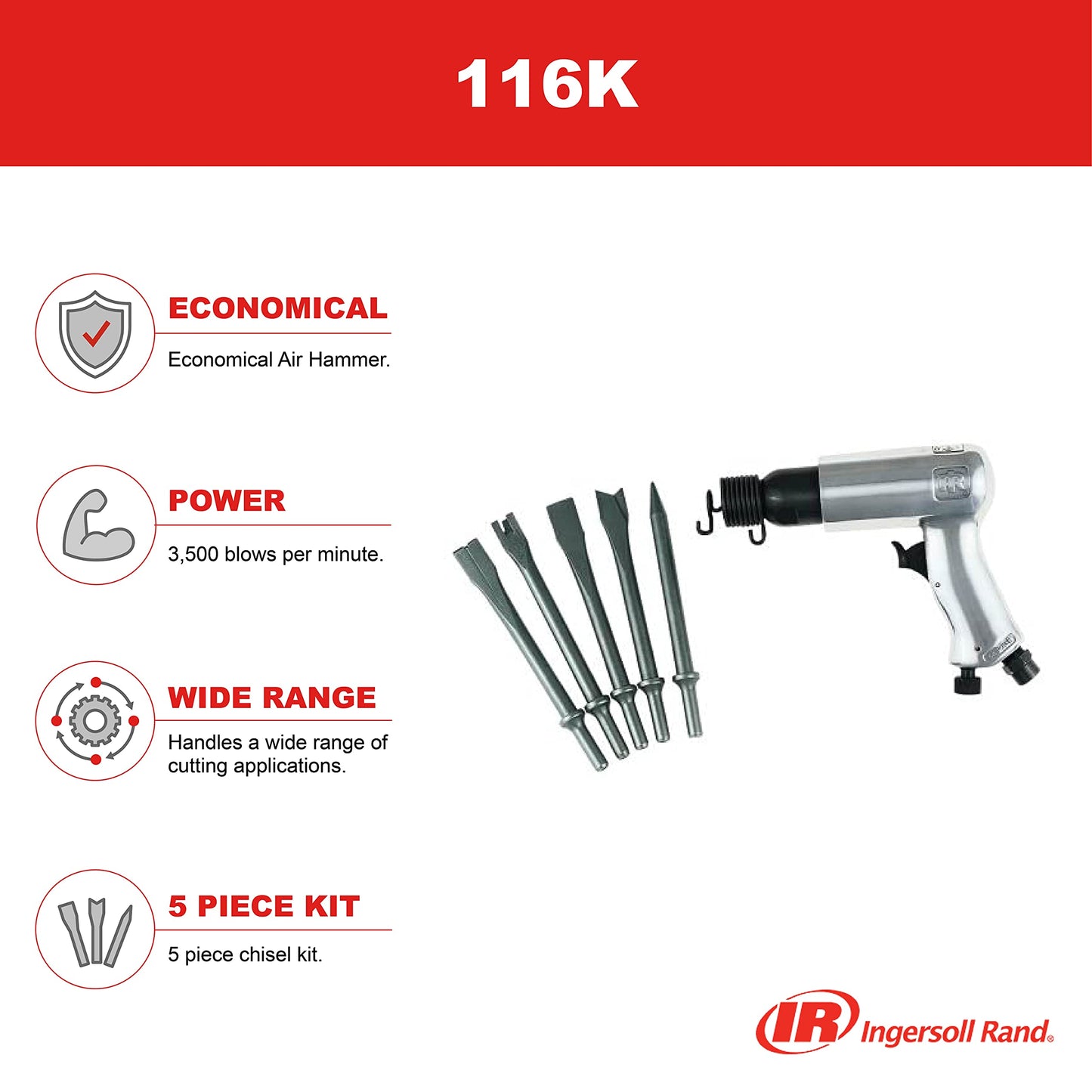 Ingersoll Rand 116 Standard Duty Air Hammer, 116K - Tool plus 5 Piece Chisel Set