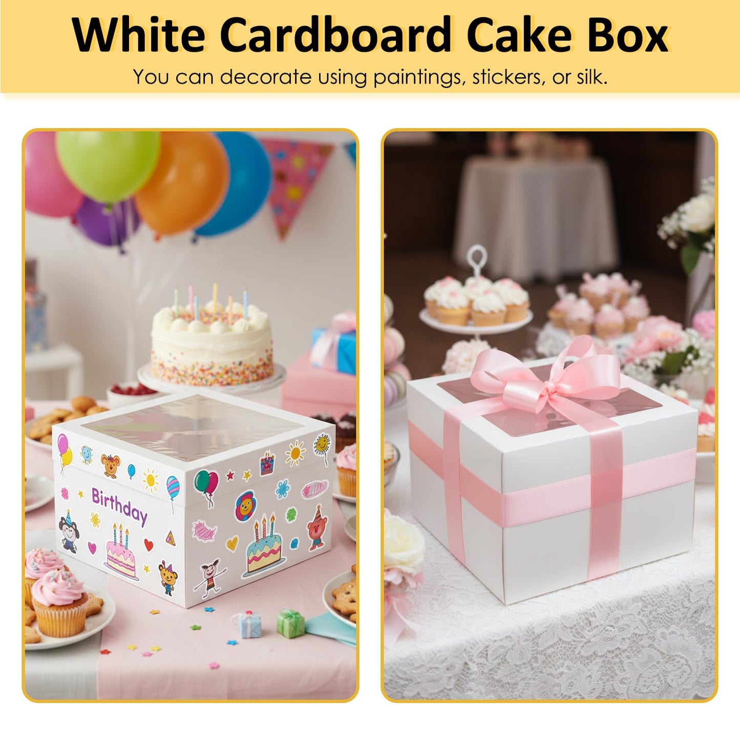 Moretoes 30pcs Cake Boxes 12x12x8 Inch, Bakery Containers with Large Window, 12 Inch White Cake Carrier, Disposable Boxes for Birthday, Party, Cupcake Cookie Pie Pastry