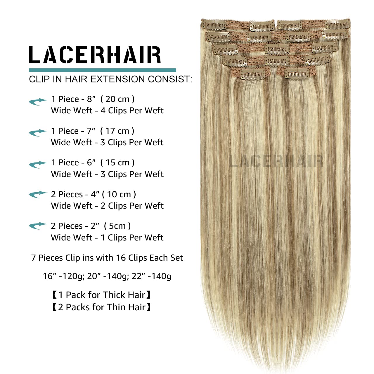 Lacer Clip In Hair Extensions Real Human Hair 20 Inch Light Brown Highlighted Platinum Blonde Thick Silky Straight Remy Human Hair Clip in Extensions 7 Pieces 120 Gram