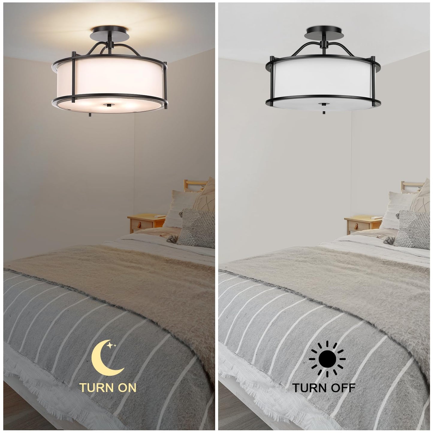 FRIDEKO HOME Semi Flush Mount Ceiling Light - 15.7 Inch Fixture with Metal Frame Fabric Shade for Living Room, Bedroom, Kitchen, Dining Room, Entryway, Hallway
