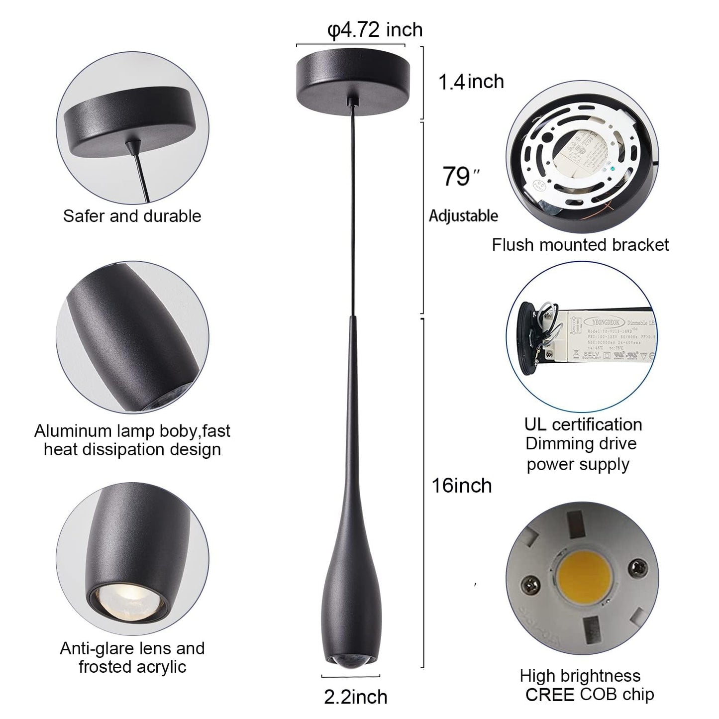 JULiN HOME Black Pendant Lights Kitchen Island, Modern LED Pendant Light Fixtures, Small Mini Pendant Lighting Dimmable Hanging for Bathroom, Bar, Dining Room, Bedroom（2-Pack）