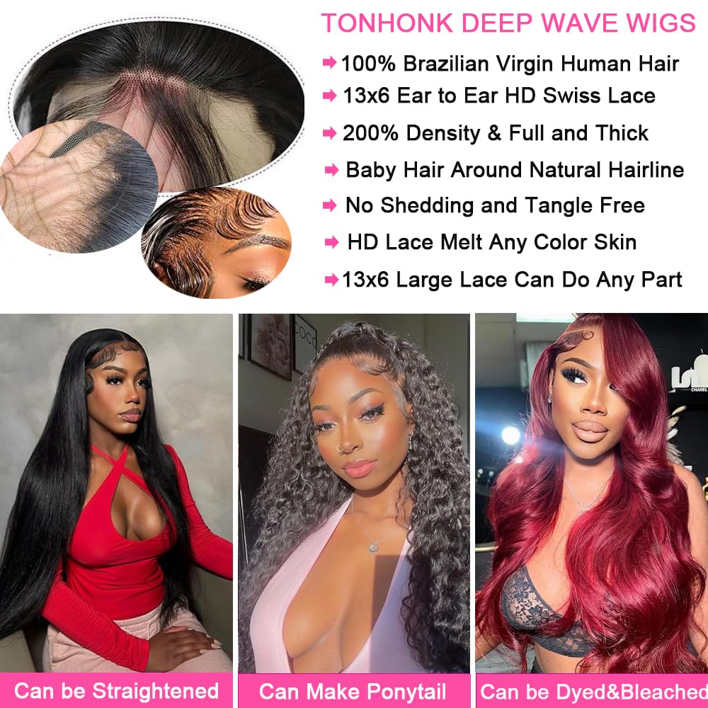 22 Inch Lace Front Wigs Human Hair 13X6 Deep Wave Lace Front Wigs Human Hair Pre Plucked Glueless HD Lace Front Wigs 200 Density Deep Curly Lace Frontal Wigs Human Hair for Women Natural Color