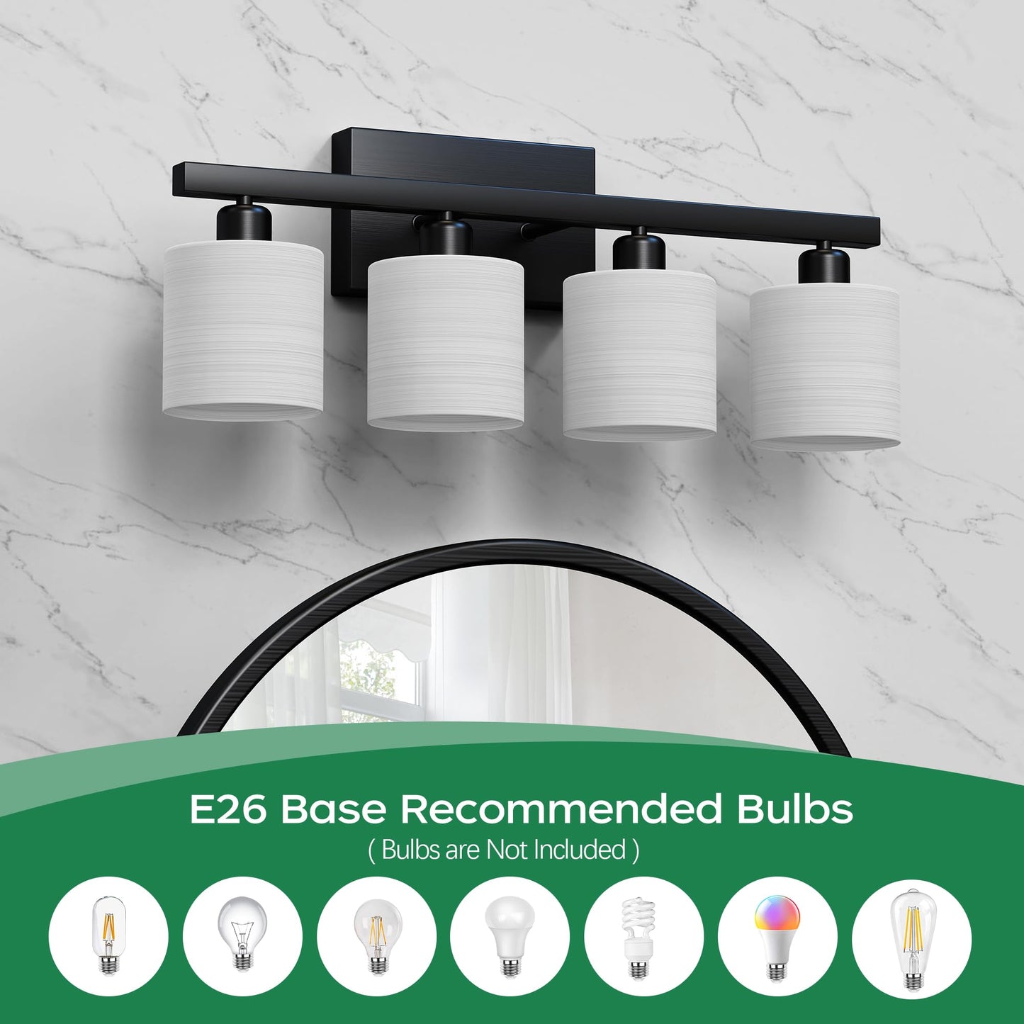 PARTPHONER Classic Vanity Lights, Modern Bathroom Vanity Light with Textured White Glass Shade, Matte Black, 4-Light