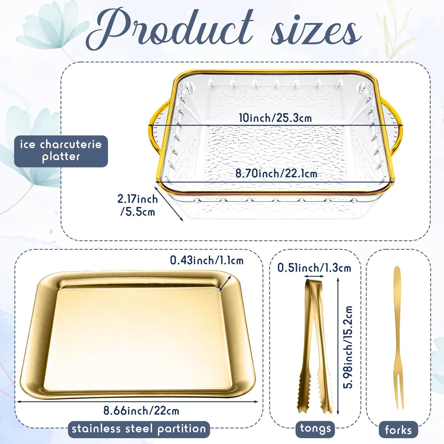 Baderke 4 Set 9" Chilled Serving Tray for Parties with Compartments Ice Chilled Party Platter Charcuterie Serving Board Cold Dish Dip with Forks Tongs for Fruit Seafood Vegetable Appetizer(Gold)