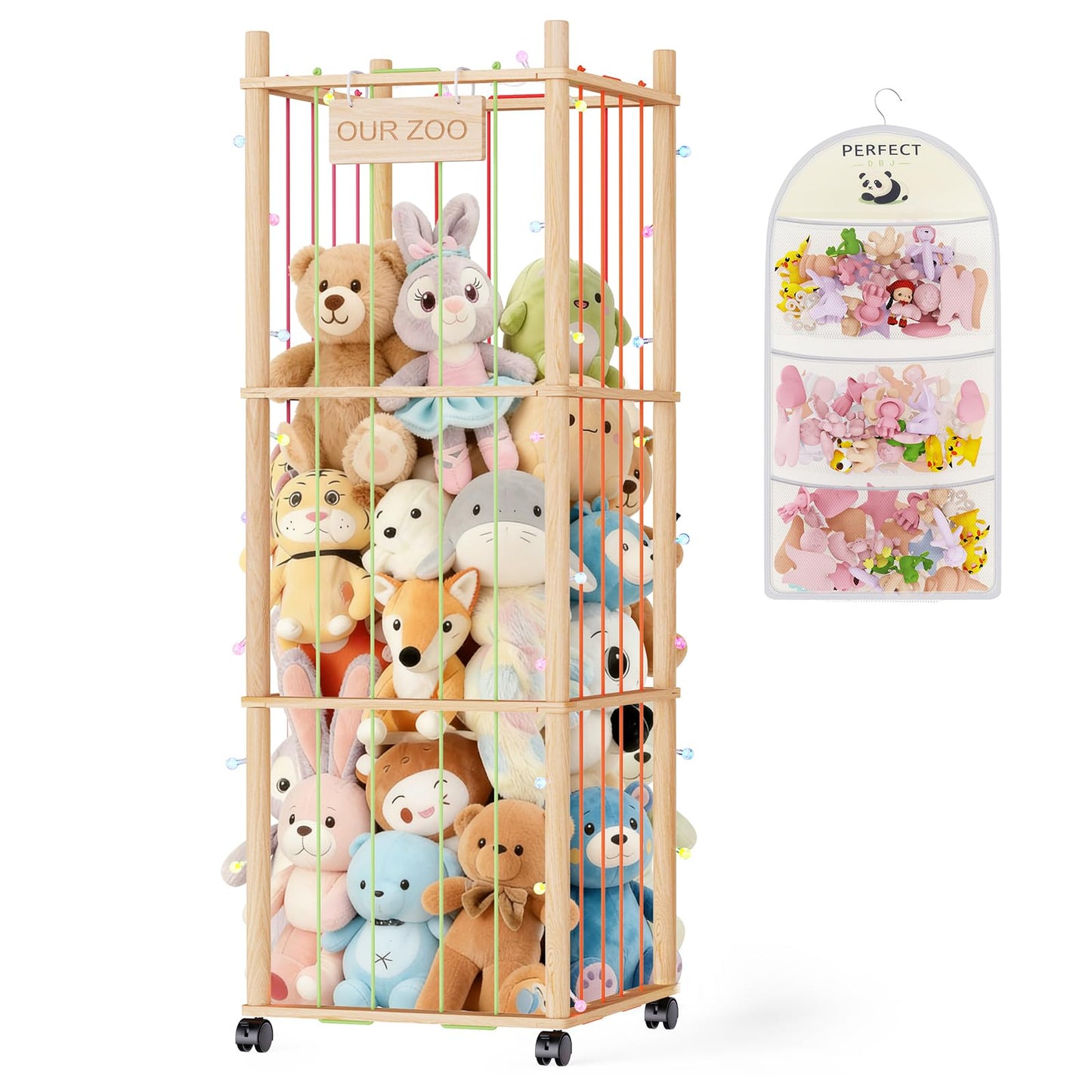 Stuffed Animal Storage & Organizer: Wooden Stuffed Animal Holder - 53.6" Stuffed Animal Zoo with Thicker Bands - Large Capacity Stuffy Storage for Playroom/Living Room/Nursery Room/Bedroom