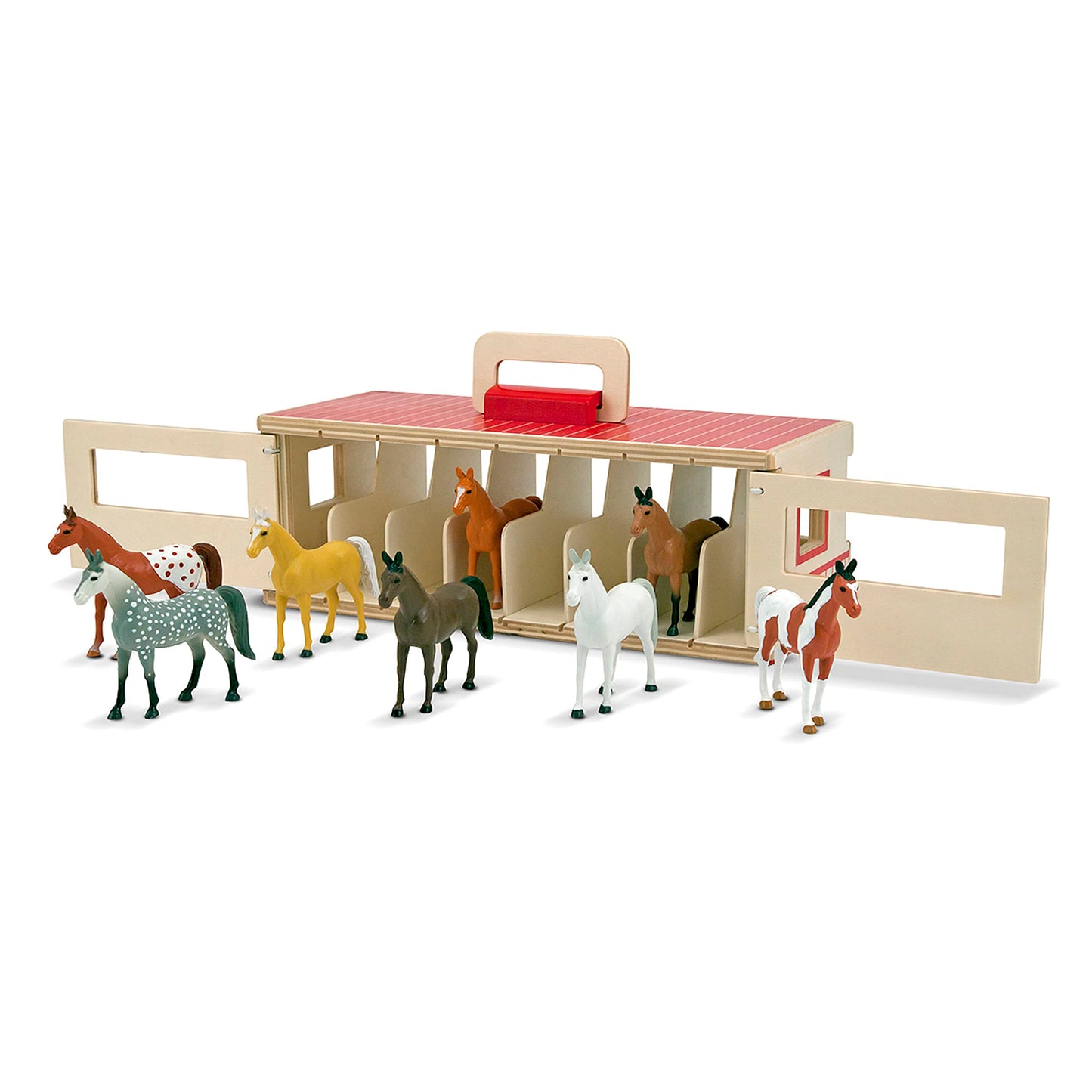 Melissa & Doug Take-Along Show-Horse Stable Play Set with Wooden Stable Box and 8 Toy Horses, Barn Play Set, Portable Toy, for Kids Ages 3+