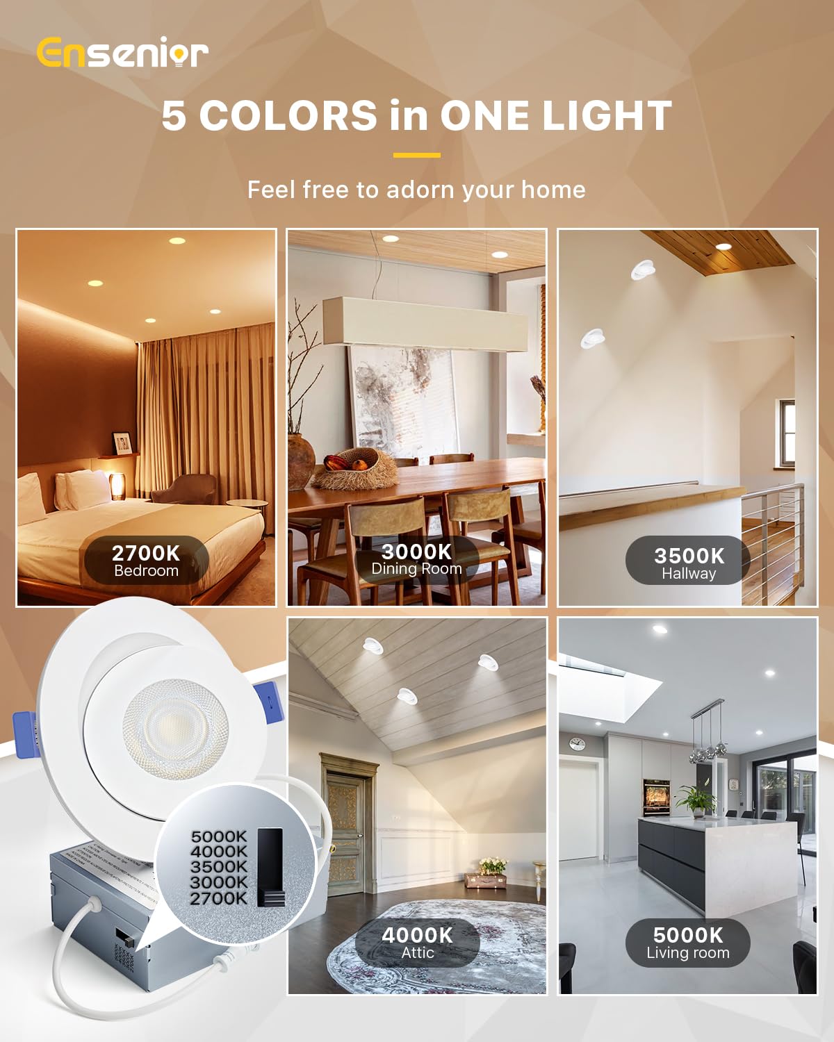 Ensenior 4 Pack 4 inch Gimbal Led Recessed Light with Junction Box, 90° Adjustable Directional Eyeball Lighting, Dimmable, 2700K/3000K/3500K/4000K/5000K, 900LM, 9W=100W-FCC Certified