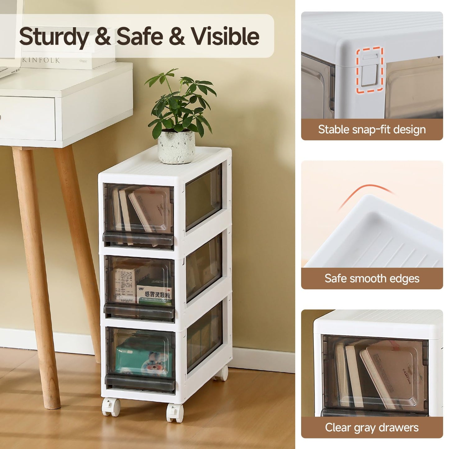 Sunamon Plastic 3 Drawer Storage Organizer, Narrow Plastic Storage Drawers with Wheels, Storage Cart with Drawers for Small and Narrow Space, 7.87-inch Wide (white)