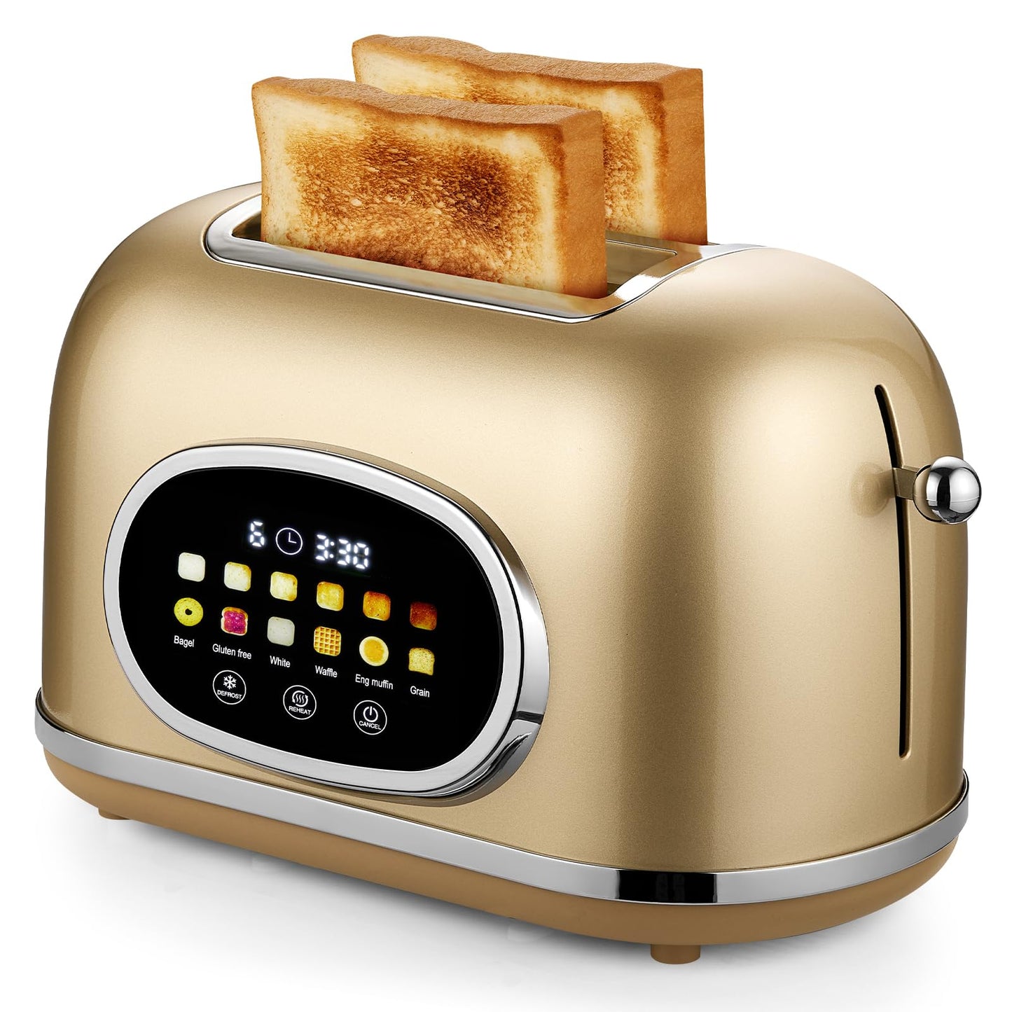 Roter Mond 2 Slice Toaster Smart Touch Screen, Retro Stainless Steel Bread Toaster with Digital Timer, Sleep Mode, Bagel, Cancel, and Defrost Functions, 6 Bread Types and Shade Settings, Gold