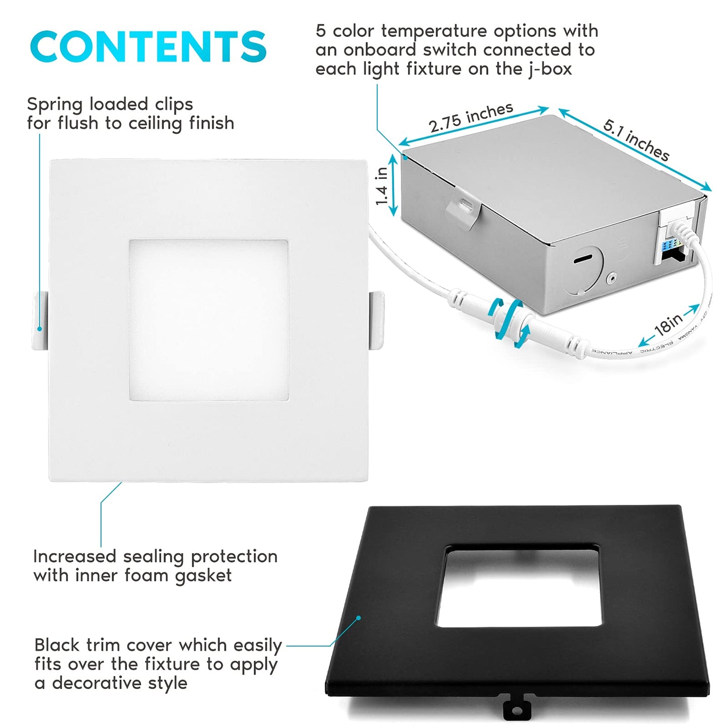 LUXRITE 3 Inch Square Ultra Thin LED Recessed Light with J-Box, 8W, 5 Color Options 2700K | 3000K | 3500K | 4000K | 5000K, Dimmable Wafer Light, 540 Lumens, Black Trim, Energy Star, IC Rated (4 Pack)