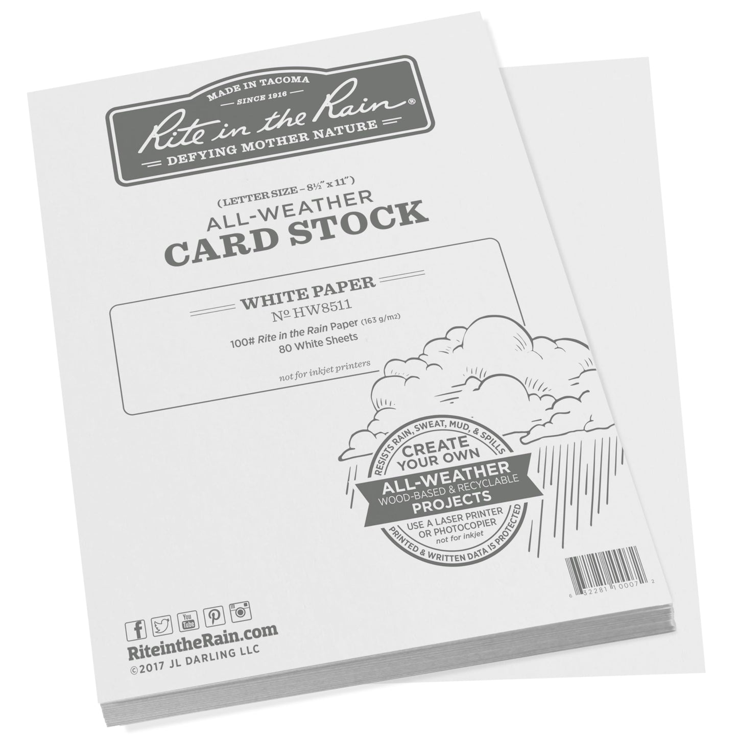Rite in the Rain Weatherproof Card Stock, 8.5" x 11", 100# White, 80 Sheet Pack (No. HW8511)