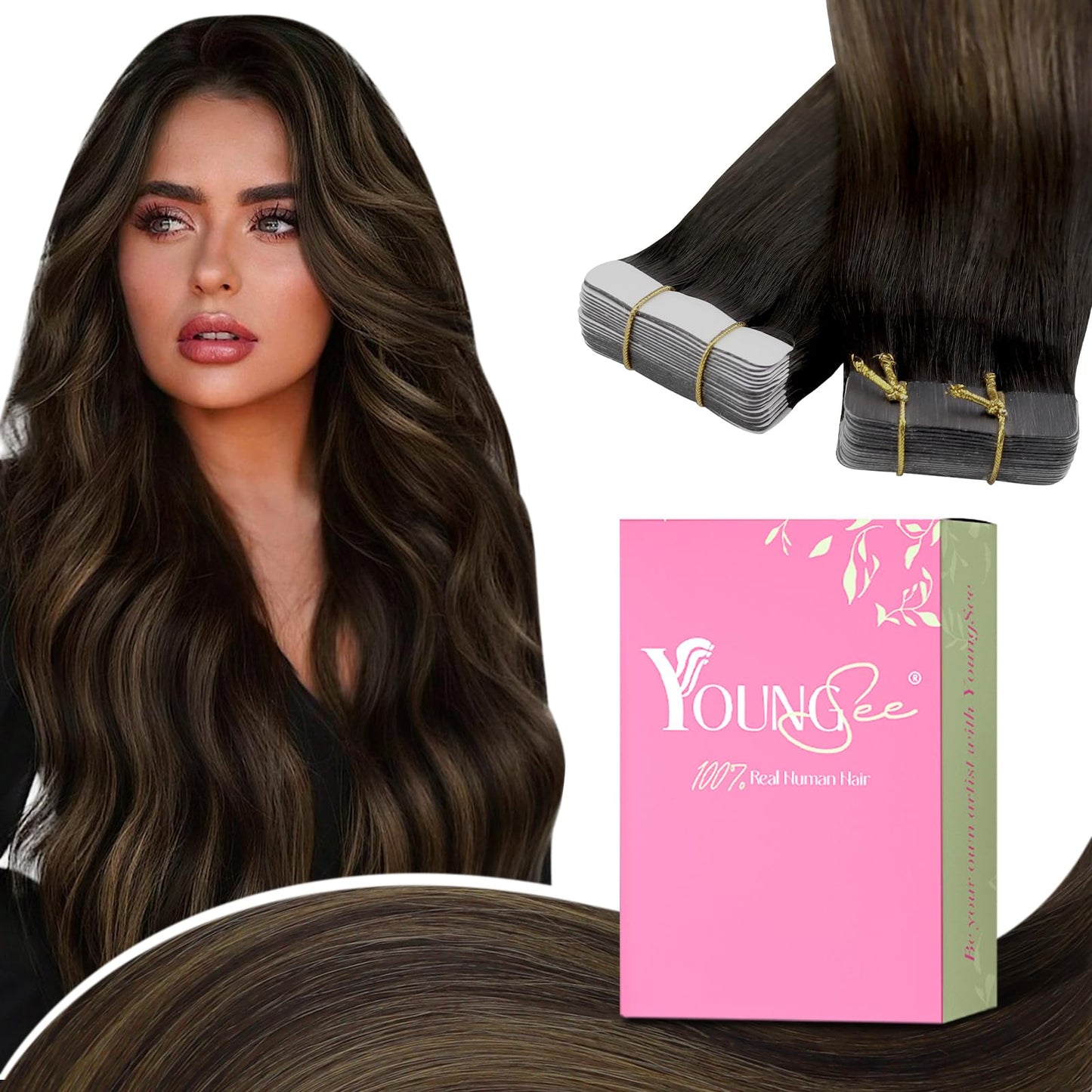 YoungSee Tape in Human Hair Extensions Brown Balayage Tape in Extensions Human Hair Dark Brown Balayage Invisible Tape in Hair Extensions Ombre Human Hair Tape in Extensions 20 Inches 20pcs 50g