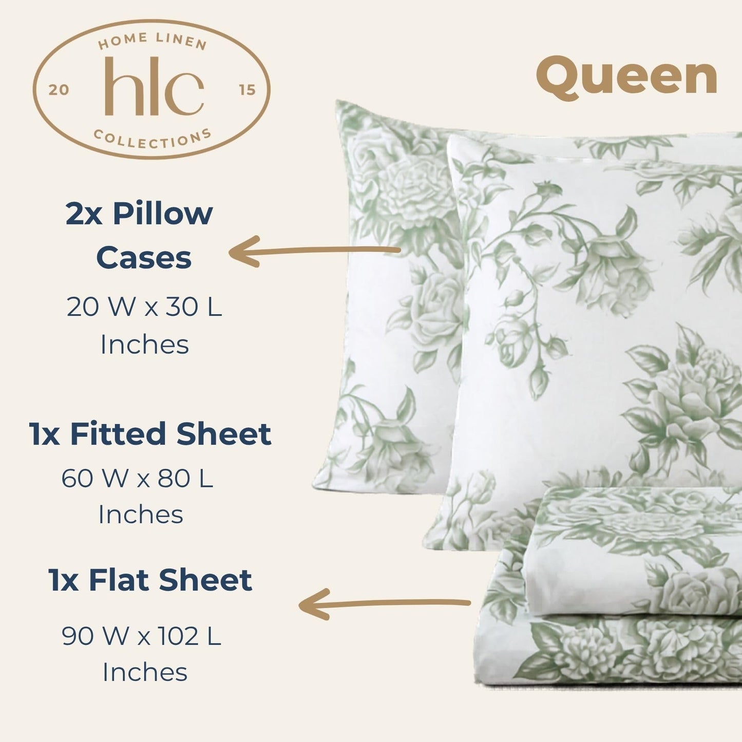 HLC.ME Rose Toile Floral Bed Sheets - 4 Piece Bed Sheet Set - Wrinkle Resistant & Ultra Soft - Fits Mattresses up to 15 Inches Deep (Queen, Sage Green)