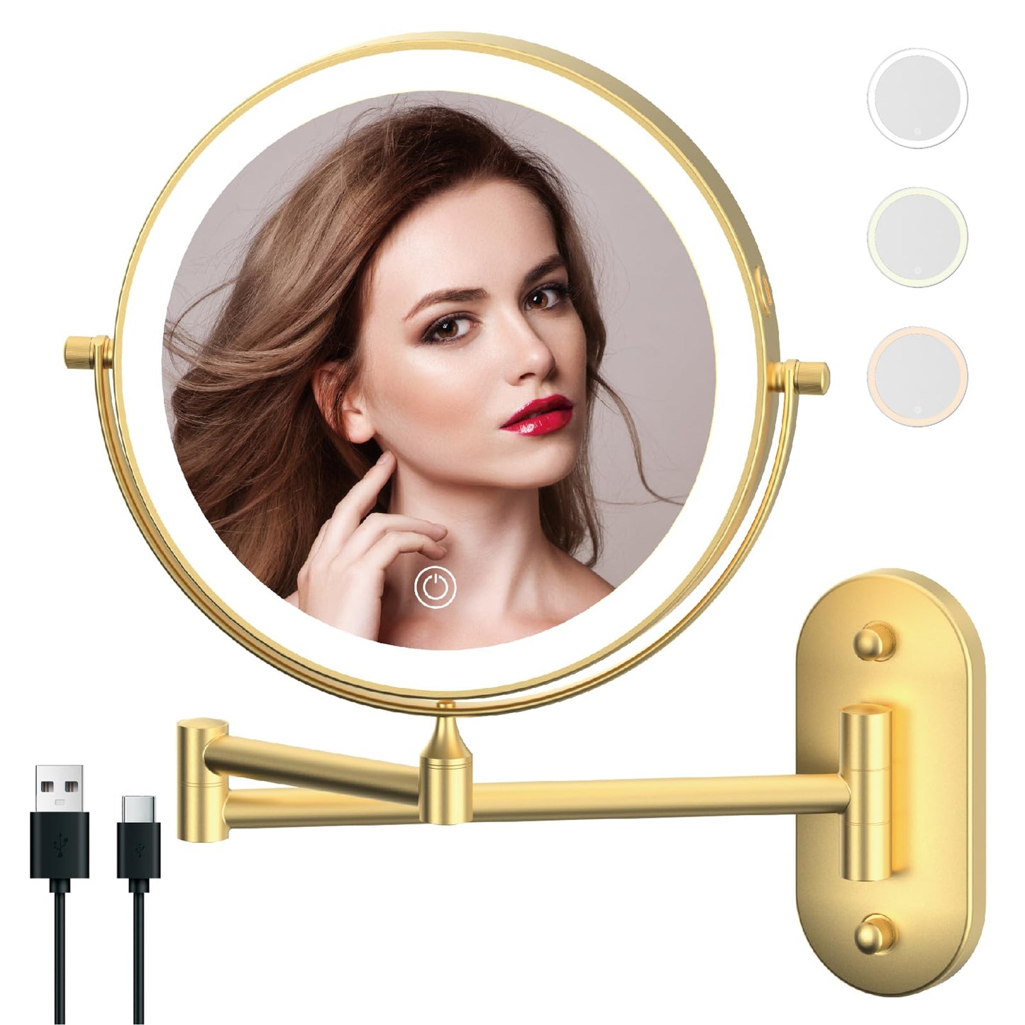MIROAMZ Rechargeable Wall Mounted Lighted Makeup Vanity Mirror 9 Inch Double Sided 1X 10X Magnifying Bathroom Mirror, 3 Color Lighting, Touch Screen Dimming, 360 Rotation Shaving Mirror Gold