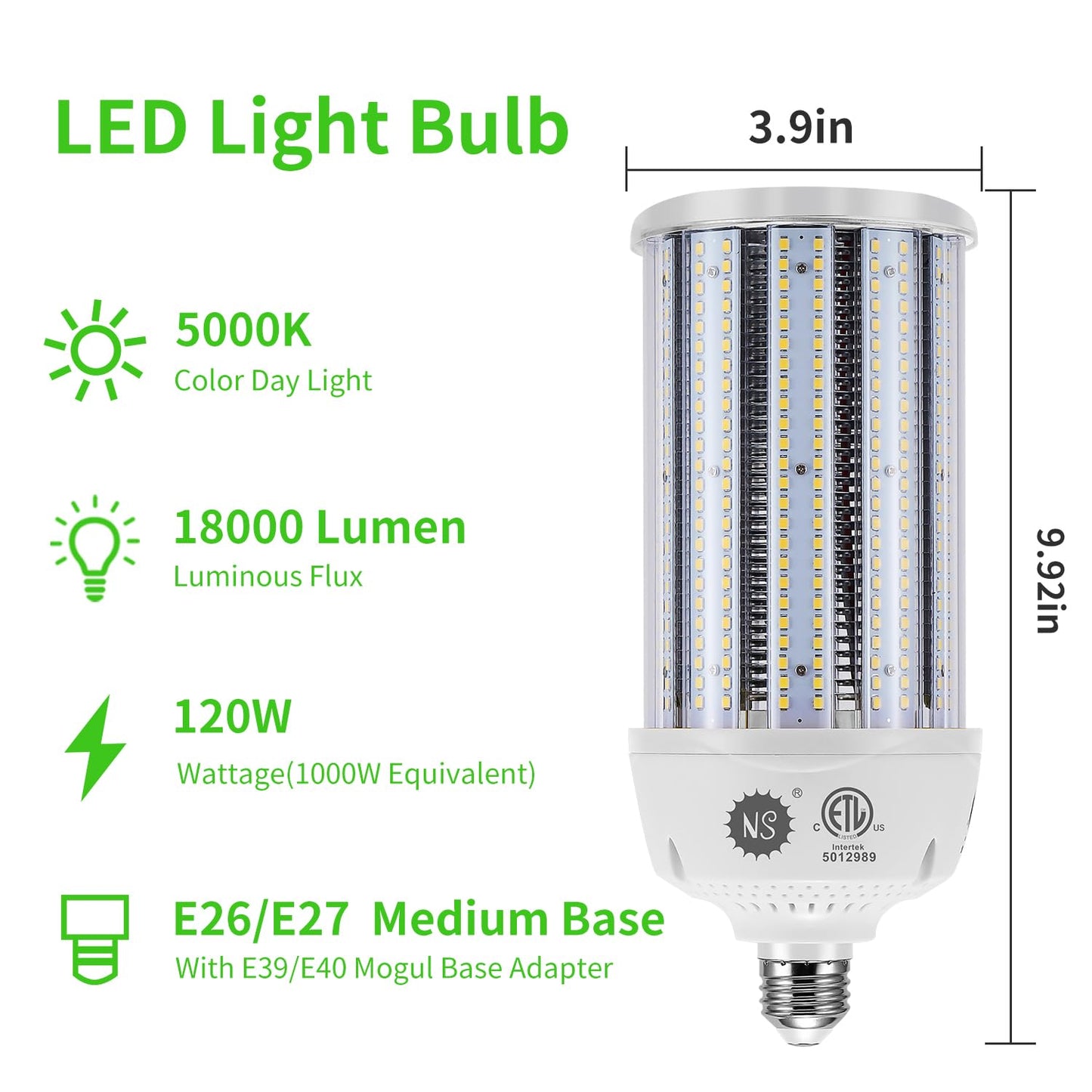 NS 2-Pack 120W LED Corn Bulbs,5000K,AC110-277V,18000lm,E26/E39 Base,LED Replacement Metal Halide HID CFL for Commercial Industrial Lighting Warehouse High Bay Light Fixture Garage Workshop