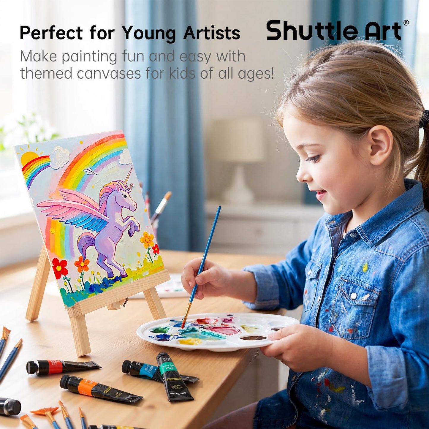Shuttle Art 69 Pack Kids Paint Set, Art Set for Kids with 30 Colors Acrylic Paint, Wood Easel, Canvas, Painting Pad, Brushes, Palette and Smock, Complete Paint Set for Boys and Girls (package may vary)