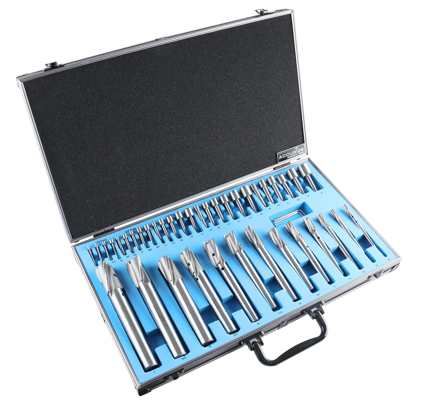 Accusize Industrial Tools 39 Pc Straight Shank H.S.S. Interchangeable Pilot Counterbore Set, Counterbores from 1/4'' up to 1'' by 16ths, 500S-A000