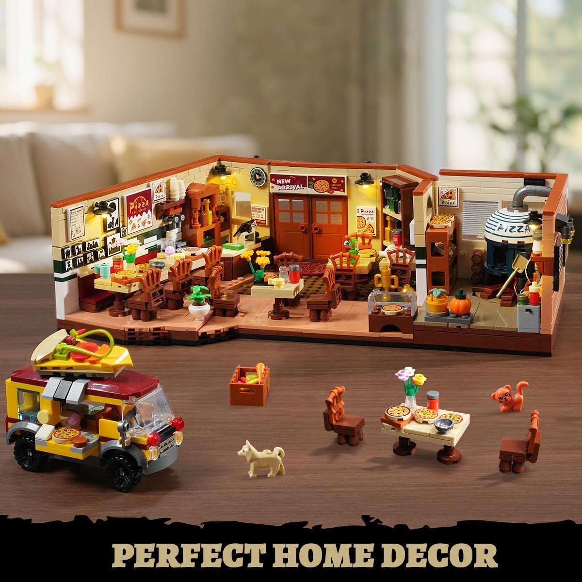 INSOON City Street Pizza Restaurant Building Set with Light, 1098PCS Pizzeria House Architecture Model with Retro Pizza Van, Home Decor Construction Building Block Gift for Adults Teens Boys Girls 12+