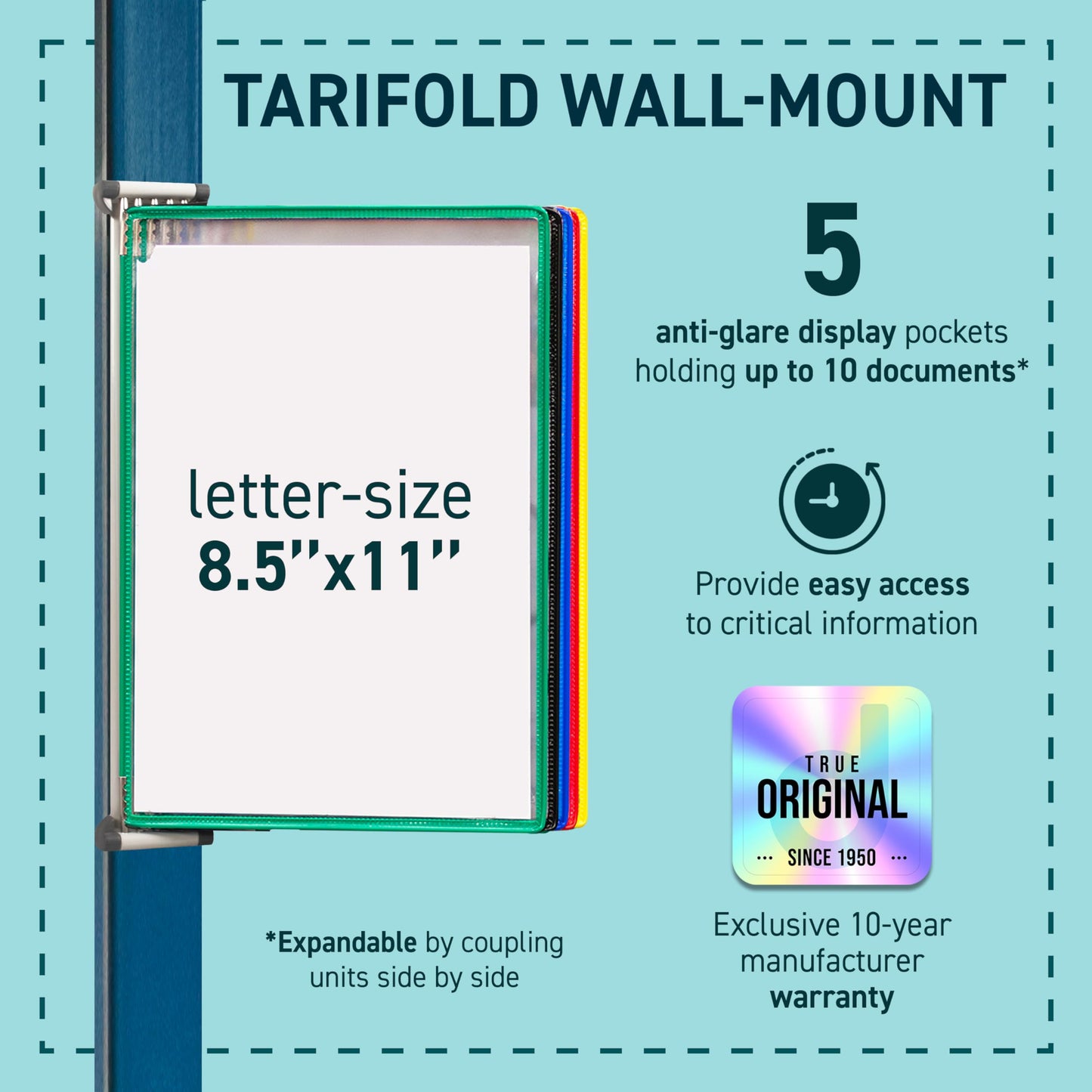 Tarifold Wall Mount Reference & Display System, 5 Double-Sided PVC Pockets, 10 Sheet Capacity, Glare-Free, Durable Steel Wire Frames, Expandable, Letter Size, Assorted