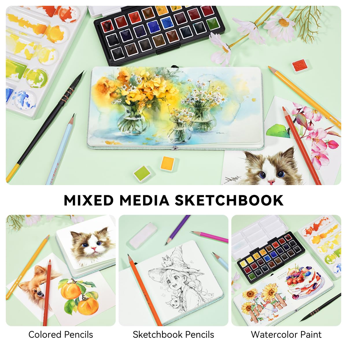 Lightwish Square Watercolor Journal,2 Pack Total 48 Sheets 100% Cotton,300gsm/140lb,Acid-Free,Hot Press Watecolor Sketchbook for Artists Adults Students,4.7 * 4.7 Inches(Light Green)