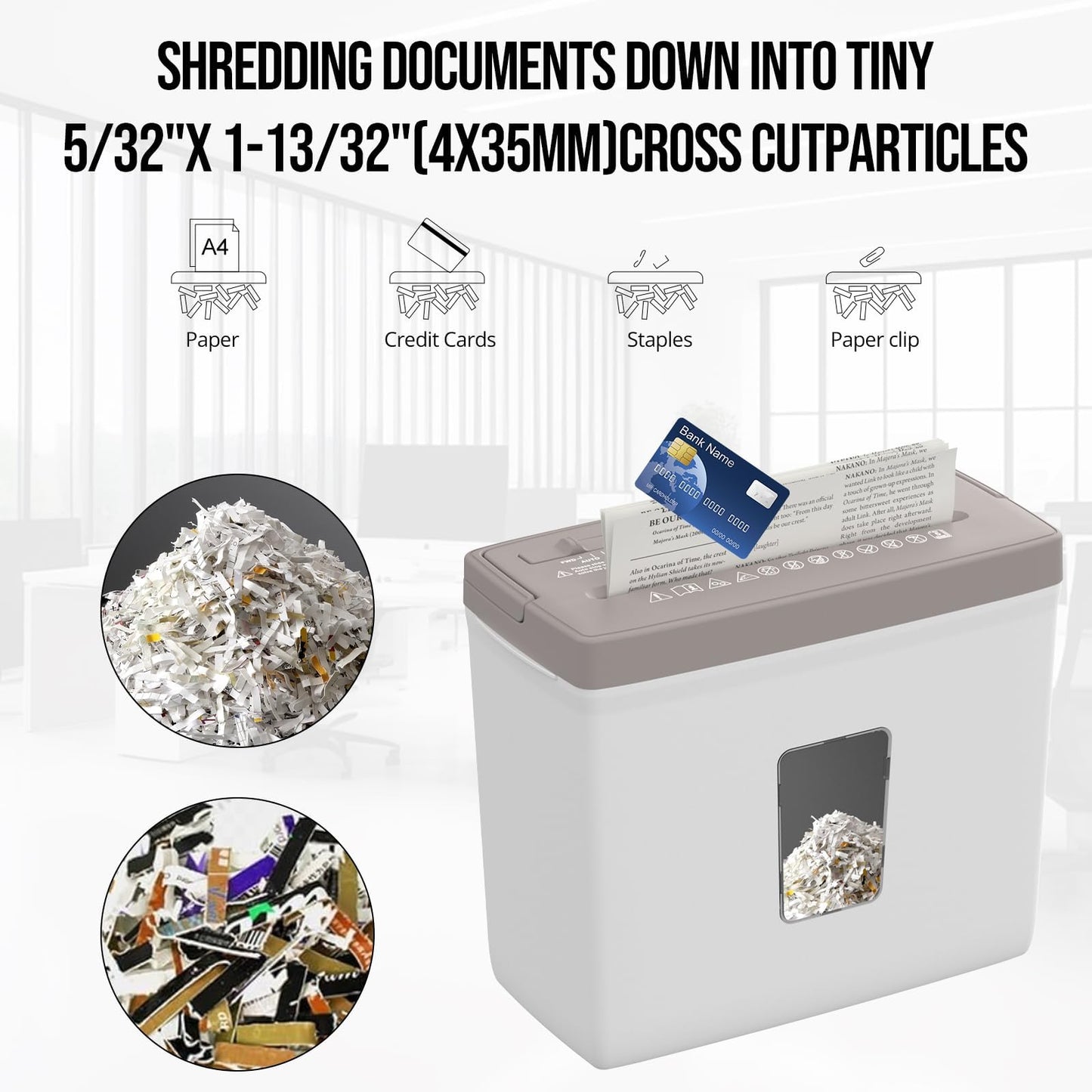 Suntiko 5-Sheet Cross Cut Paper Shredder for Home Office, P-4 High Security Level Document Shredder with 2.38 Gallon Bin, Jam Proof Design & Thermal Protection for Professional Use, Brown + White