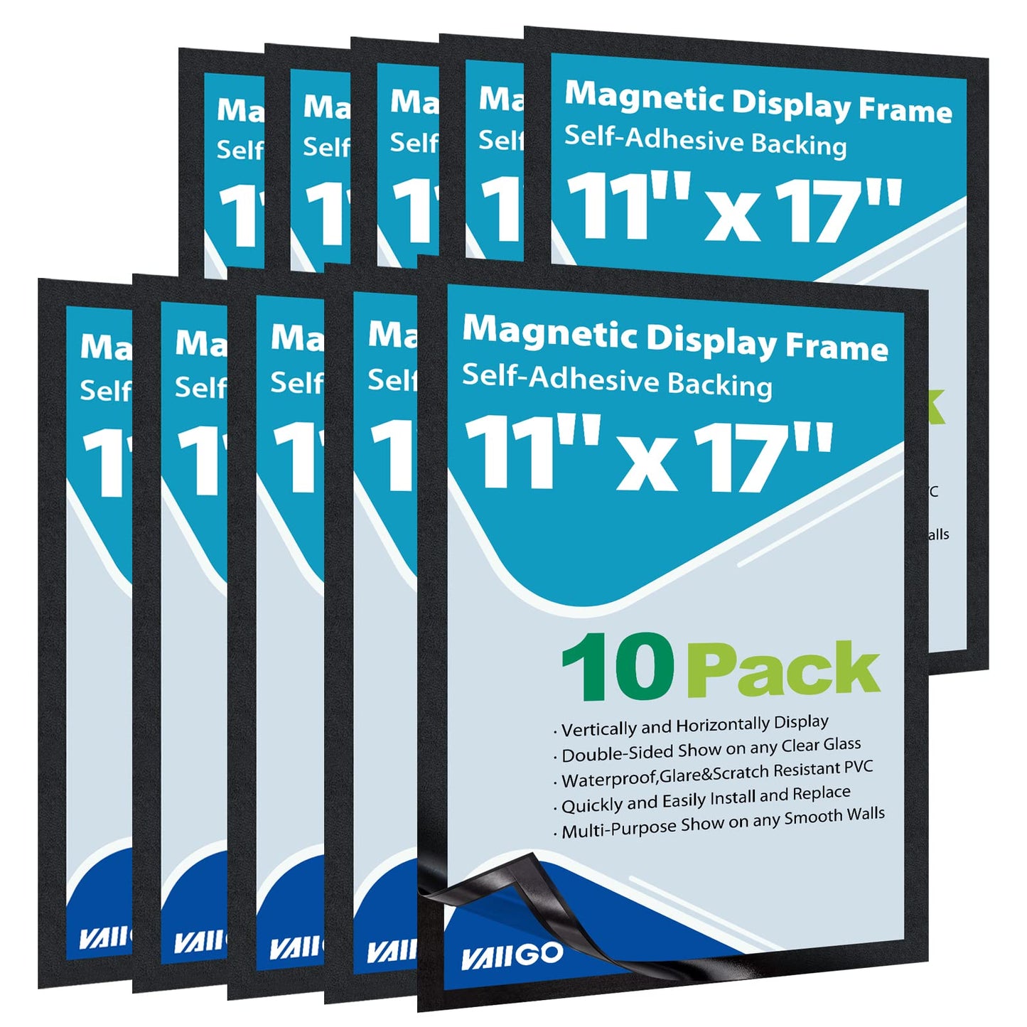 VAIIGO 11"x 17" Self Adhesive Magnetic Sign Holder, Double Sided Window Magnetic Display Frame with Clear PVC and Strong Magnetic for Office/Home/Store/Door/Glass/Wall Display Frame(Black,10Pack)