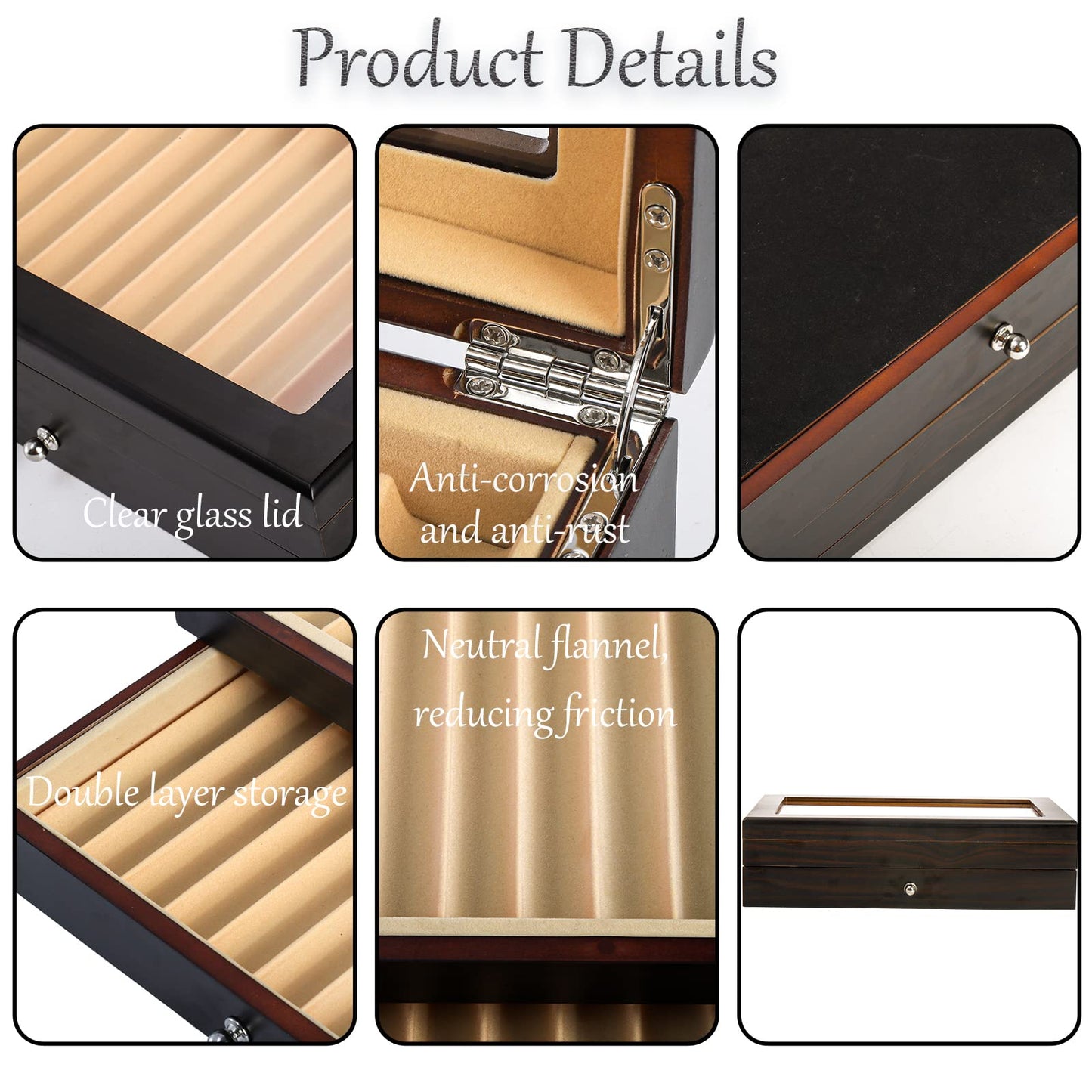 Yesland 2 Layer Ebony Wood Pen Display Box, 23 Slot Fountain Pen Organizer Box with Clear Glass Window Luxury Pen Collection Case for Shop, Home, Father's Day Gift, Black