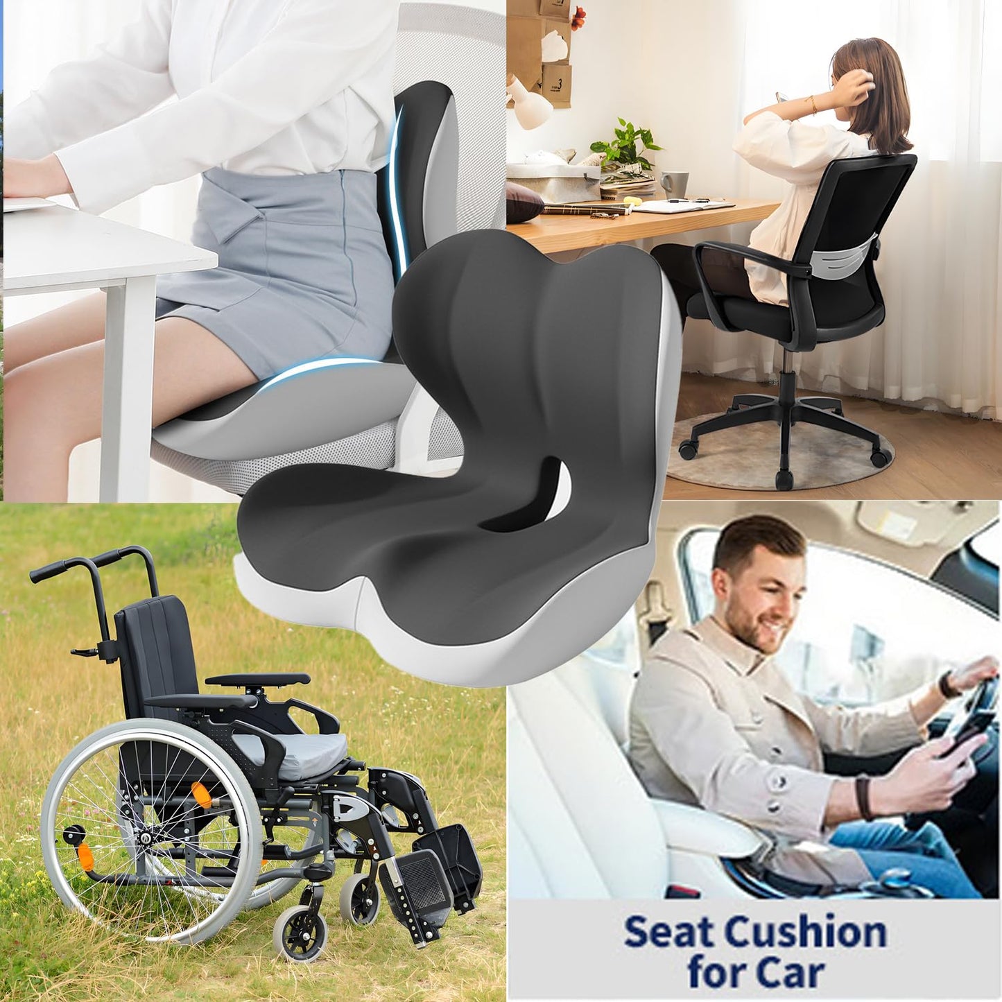 Mogdeker L-Shaped Seat Cushion for Long Sitting,Memory Foam Ergonomic Back Support Driving Seat Cushion for Back Pain,Non-Slip Design for Car, Truck, Home Chair & Office Seat (Black Gray)