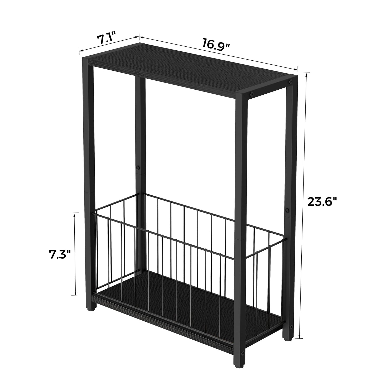 Homleke Narrow Side Tables Set of 2 with Magazine Holder, Skinny End Tables Perfect for Small Spaces, Space-Saving Design for Living Room, Bedroom, or Office, 7.1" D x 16.9" W x 23.6" H, Black