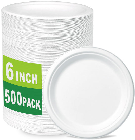 CantaGreen 500 Count 6 Inch Small Heavy Duty Compostable Dessert Plates, Biodegradable Bagasse and Bamboo Fiber Paper Plates