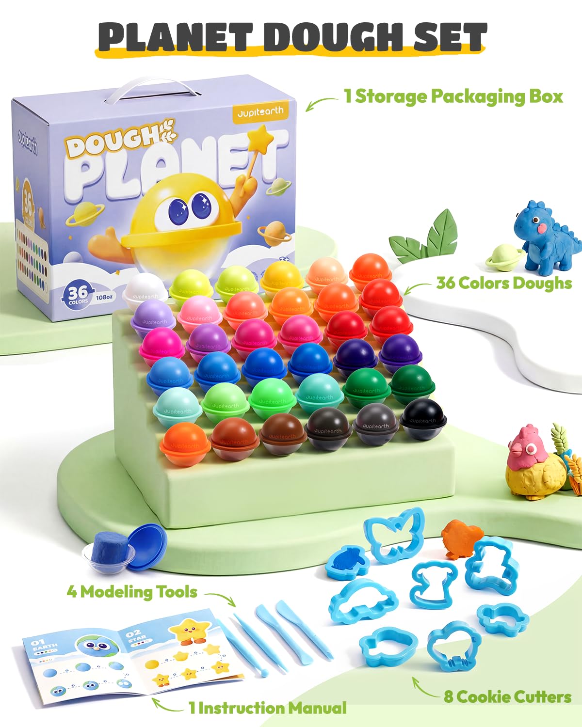 JUPITEARTH 36 Colors Modeling Dough Set, 3 Oz Non-Toxic & Safe Planet Dough with Molds & Tools, Back to School Supplies for Arts & Crafts, Birthday Party Favors Gifts & Prize Toys for Kids Age 3+