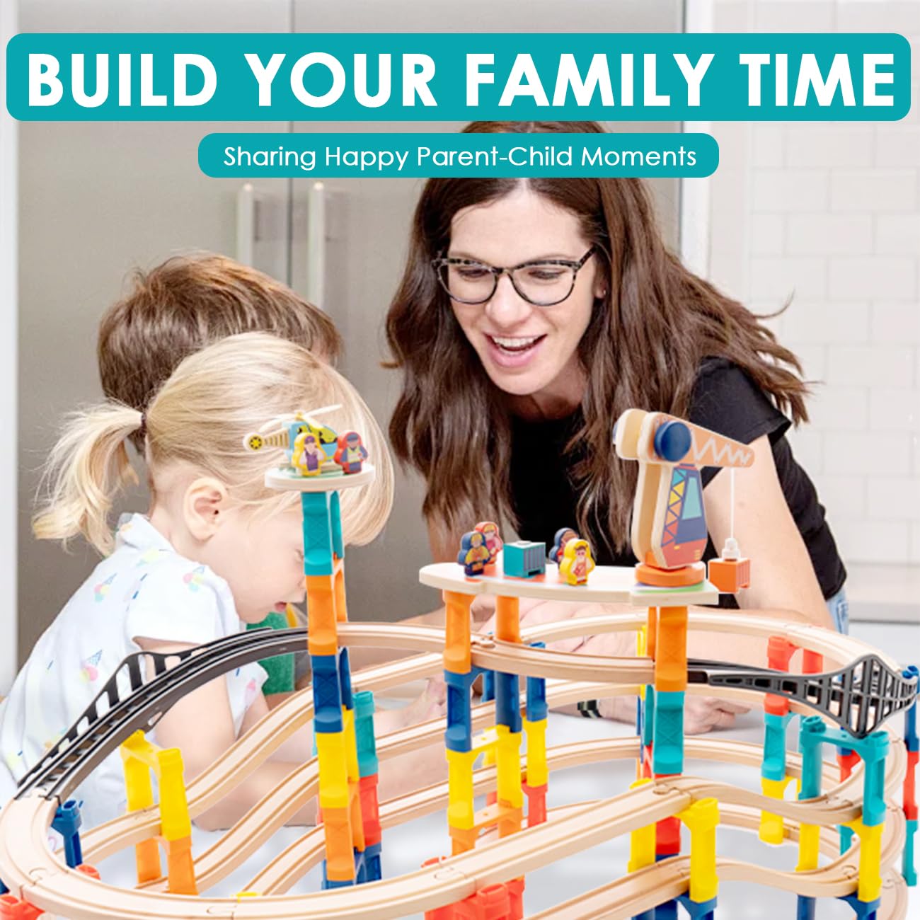 120Pcs Wooden Train Tracks Set, 398-inch Track Expansion, Toddler Railway Bridge Toy Train Set with Airplane and Magnetic Crane, Birthday Gifts for Boys and Girls, Compatible with All Major Brands