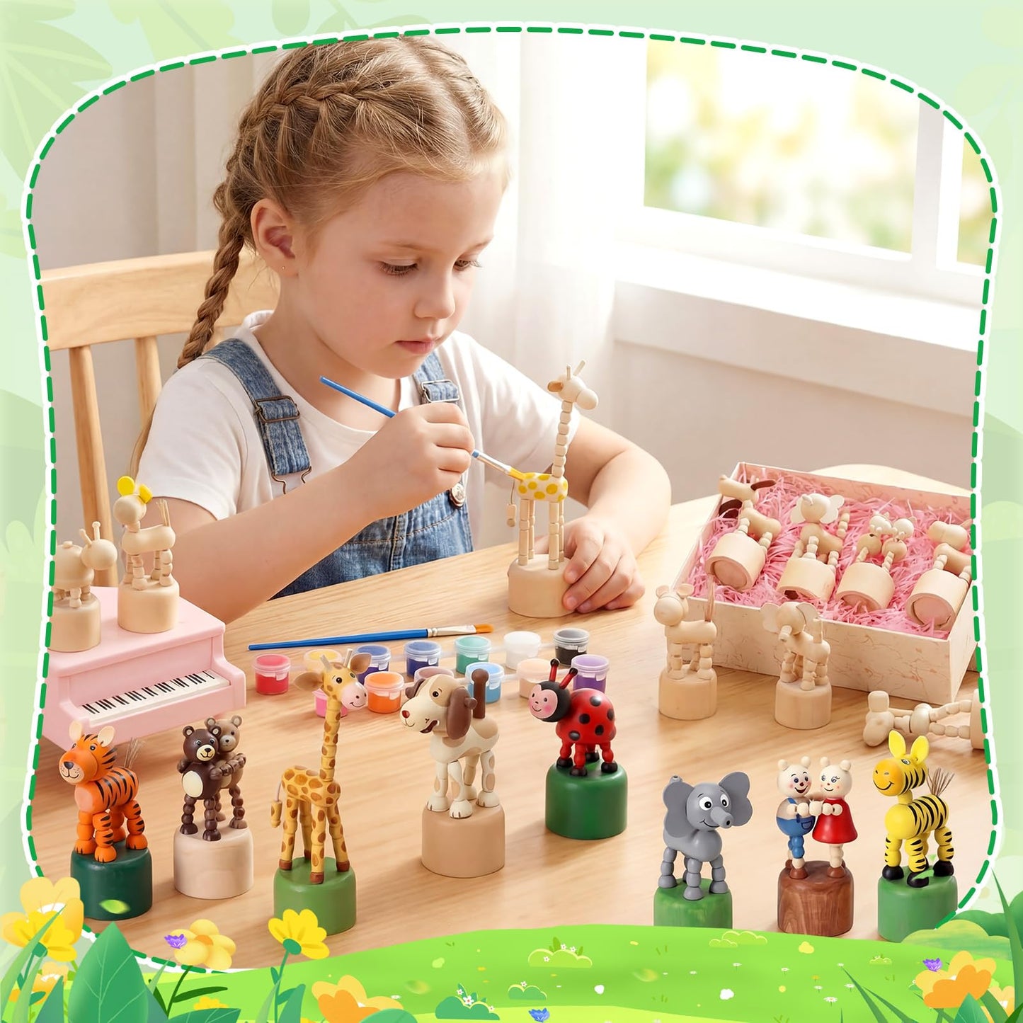 DoubleFill 16 Pcs Painting Craft Kits for Kids Unfinished Wood Animals Figures Crafts with 3 Set Paints 2 Pcs Brushes DIY Arts and Crafts for Boys and Girls Spring Gifts for Painting Party Favors