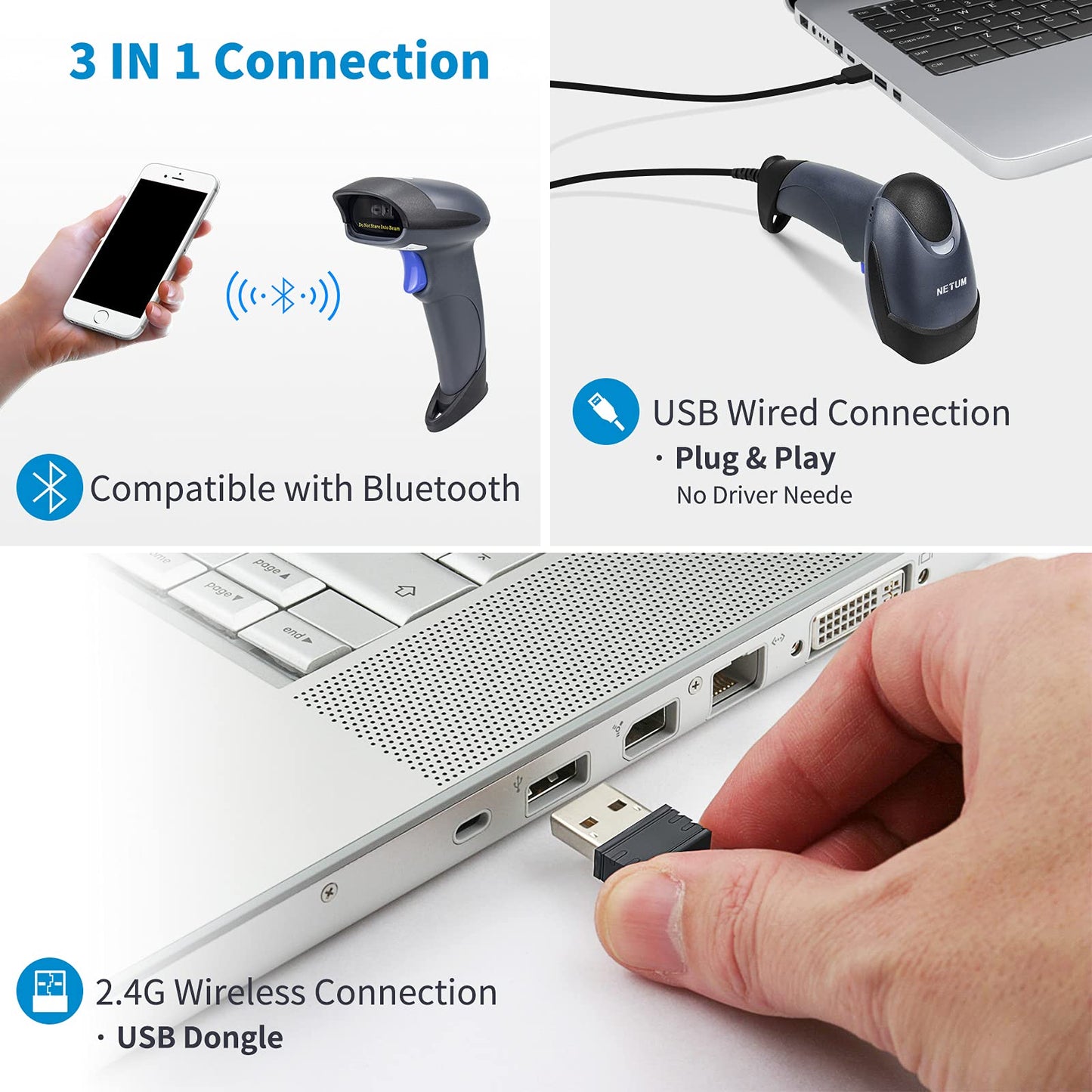 NETUM Wireless 2D QR Barcode Scanner Bluetooth with Stand, 3 in 1 Automatic Bar Code Imager Reader Handhold Scanner Gun Compatible for Laptops, Computers, Cashier, POS -M8S