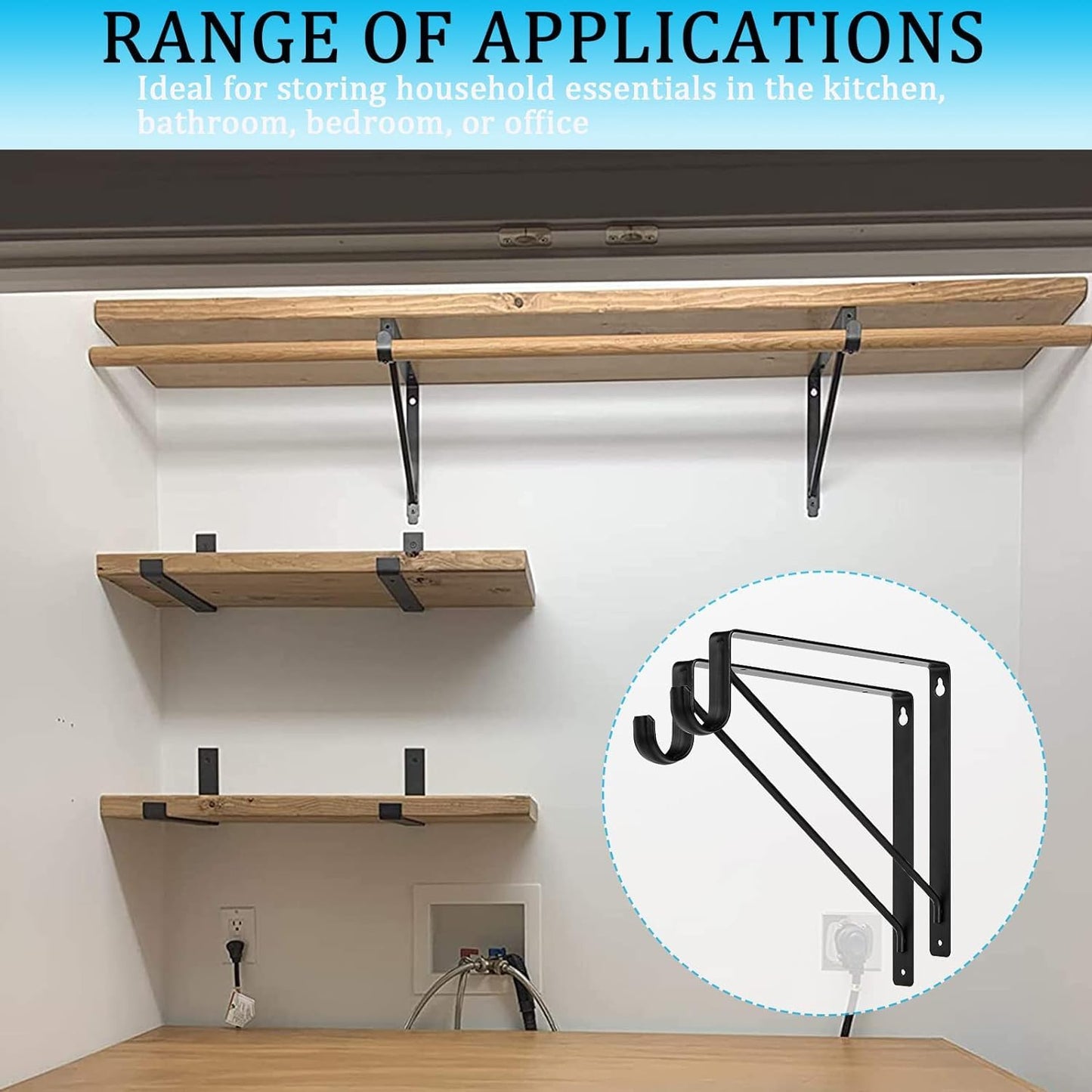 6 PCS Heavy Duty Closet Rod Bracket, 11 x 11 Inch Closet Shelf Brackets,Supports 300 lbs,Wall Mount Closet Rod Supports Bracket Hook with Screws, Closet Rod Holders for Home and Closet Decor(Black)