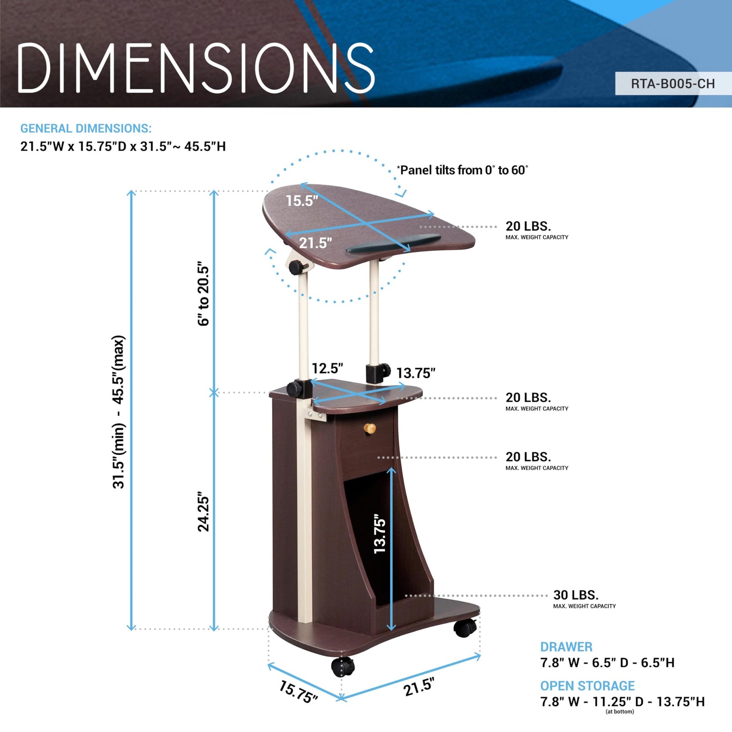 Techni Mobili Sit-to-Stand Rolling Adjustable Storage Medical Laptop Computer Cart, Chocolate, B005