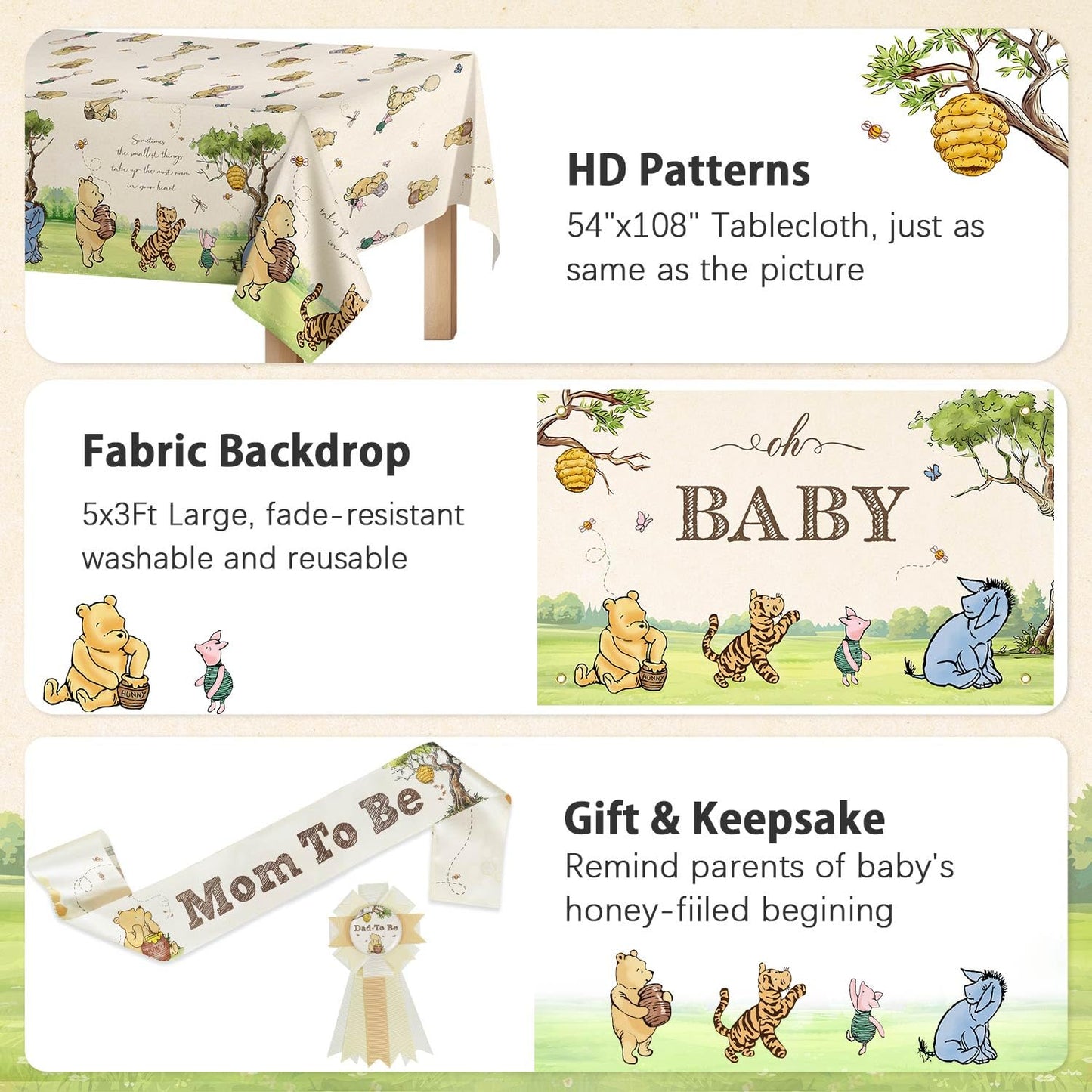 Classic Winnie Bear Baby Shower Decorations, Neutral All-In-One Pooh Baby Shower Balloon Arch Baby Boxes Backdrop Banner Tablecloth Cake Cupcake Topper Bee Stickers Mom To Be Sash Kit for Boys Girls