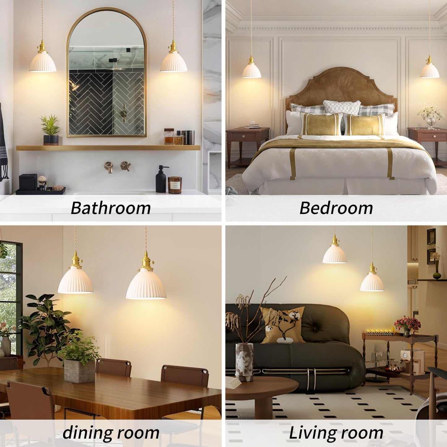GloMuse White Ceramic Pendant Lights Kitchen Island Brushed Brass Dome-Shaped Lampshade Modern Minimalist Industrial Hanging Light Fixture for Living Room Bedroom Dining Room Over Table