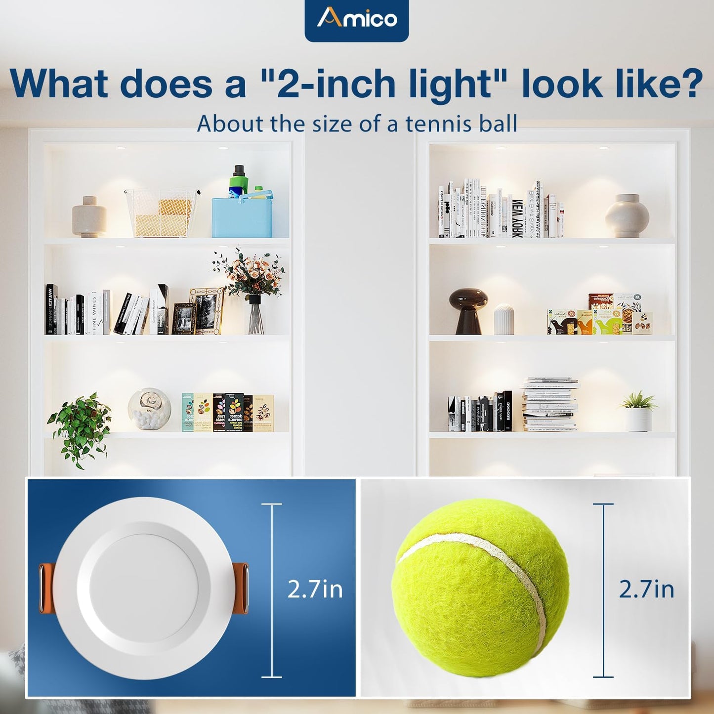 Amico 12 Pack 2 Inch 5CCT Ultra-Thin LED Canless Recessed Ceiling Light with Junction Box, 2700K/3000K/3500K/4000K/5000K Selectable, CRI90+, 6W=40W, 350LM, Dimmable Canless Wafer Downlight-ETL&FCC