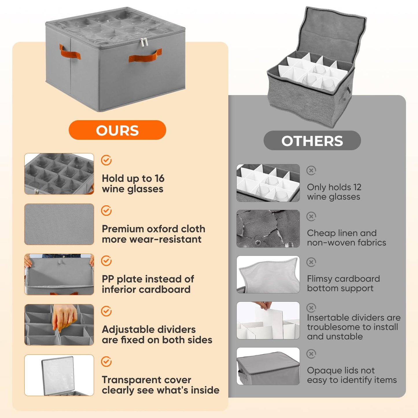 Foyego Wine Glass Storage Box with Dividers, 2 Pack Glassware Storage Containers, Stemware Storage Cases Holds 32 Wine Glasses, Stackable Crystal Storage Containers with Clear Cover for Moving, Gray