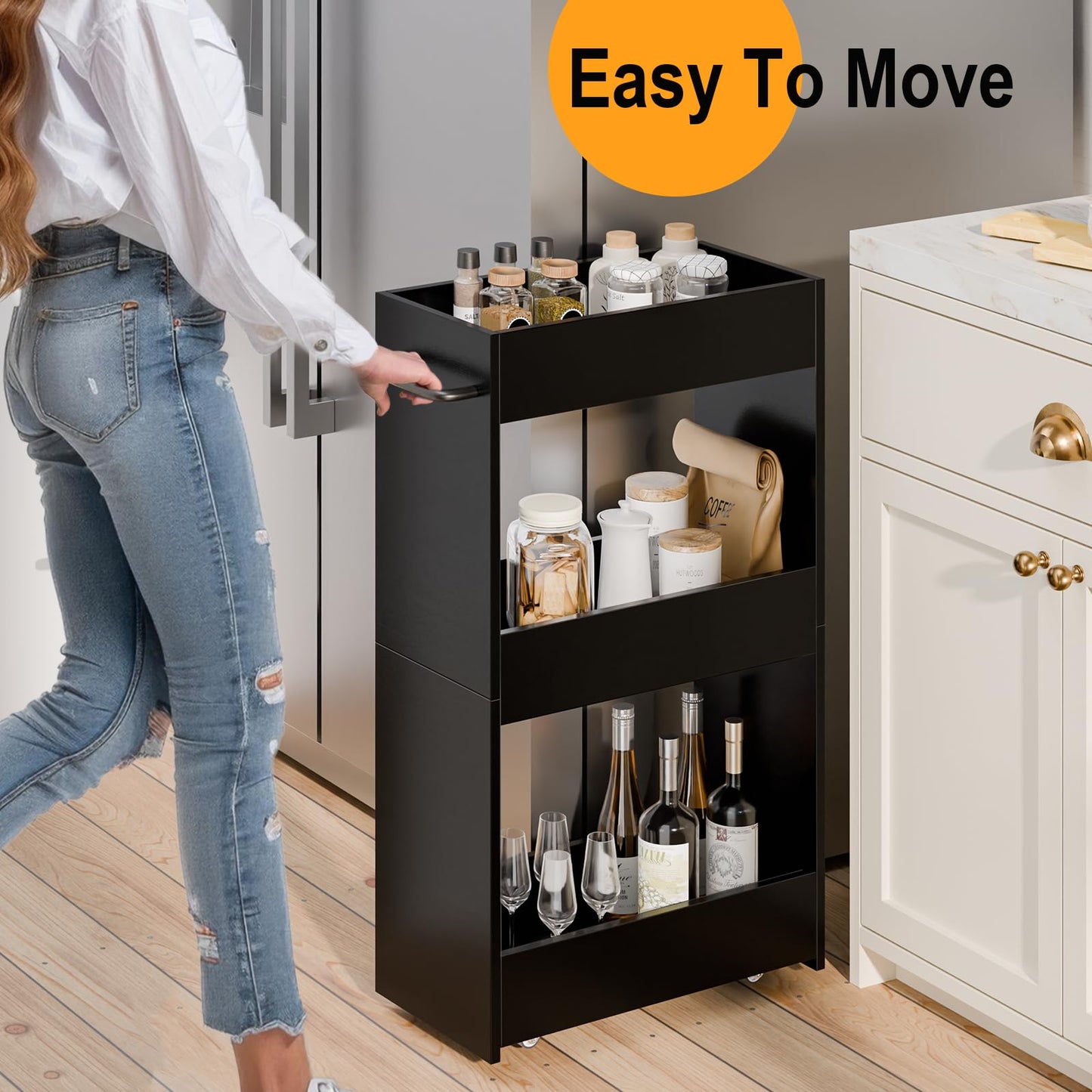 MARTY Wood Rolling Storage Cart 7.9" W, 3 Tier Slim Utility Kitchen Cart on Wheels Laundry Room Bathroom Organizers Narrow Shelves with Handle Mobile Shelving Unit for Small Places, Black