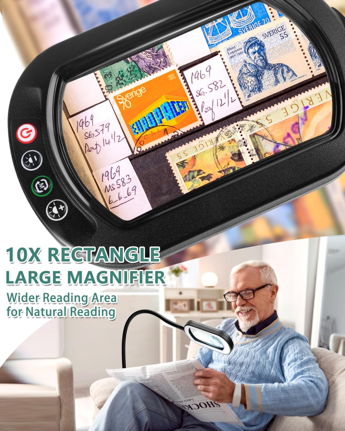 10X Rectangle Magnifying Glass with Light and Stand, 24" Flexible Gooseneck 3-in-1 Floor Lamp, 5 Color Modes Stepless Dimmable, LED Lighted Hands Free Magnifier for Reading Crafts Painting Close Work