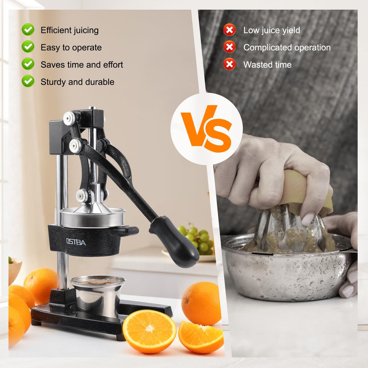 OSTBA Cast Iron Manual Citrus Juicer, Heavy Duty Hand Press Orange Juicer with Stainless Steel Cup & Strainer, Commercial Grade Lemon Squeezer for Orange, Lemon, Lime, Grapefruit, Pomegranate