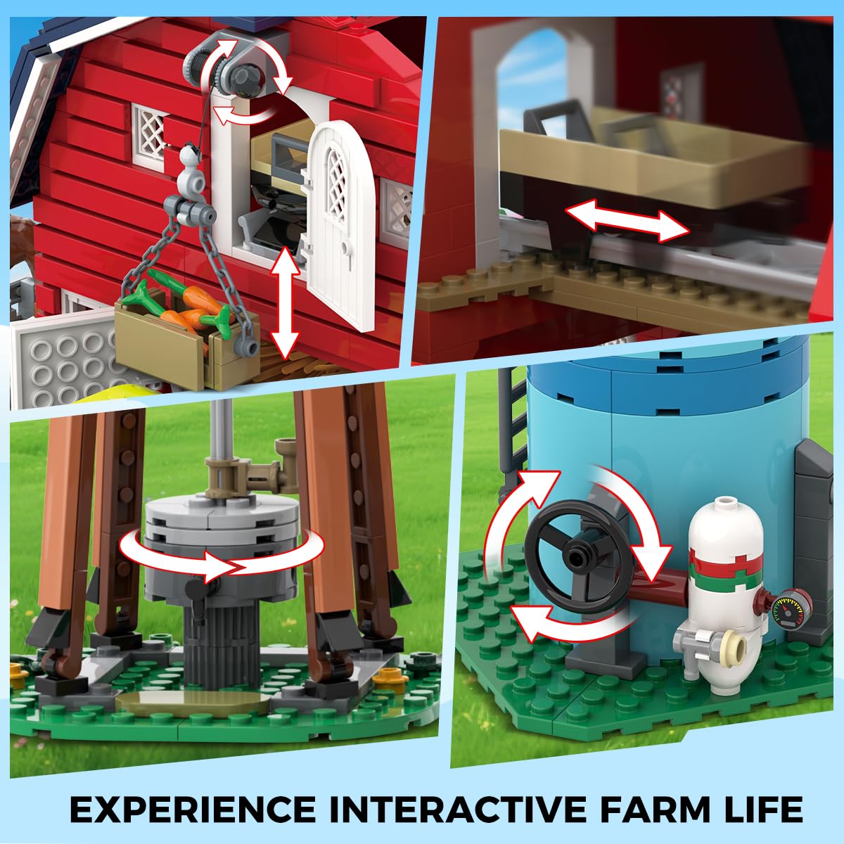 INSOON Western Farm Barn House Building Set with Lights, Newly Enhanced with Reinforced Structure, 1419 PCS Red Barn Building Toy with Animals Horse Tractor Windmill, Gift for Adults Boys Girls 10+