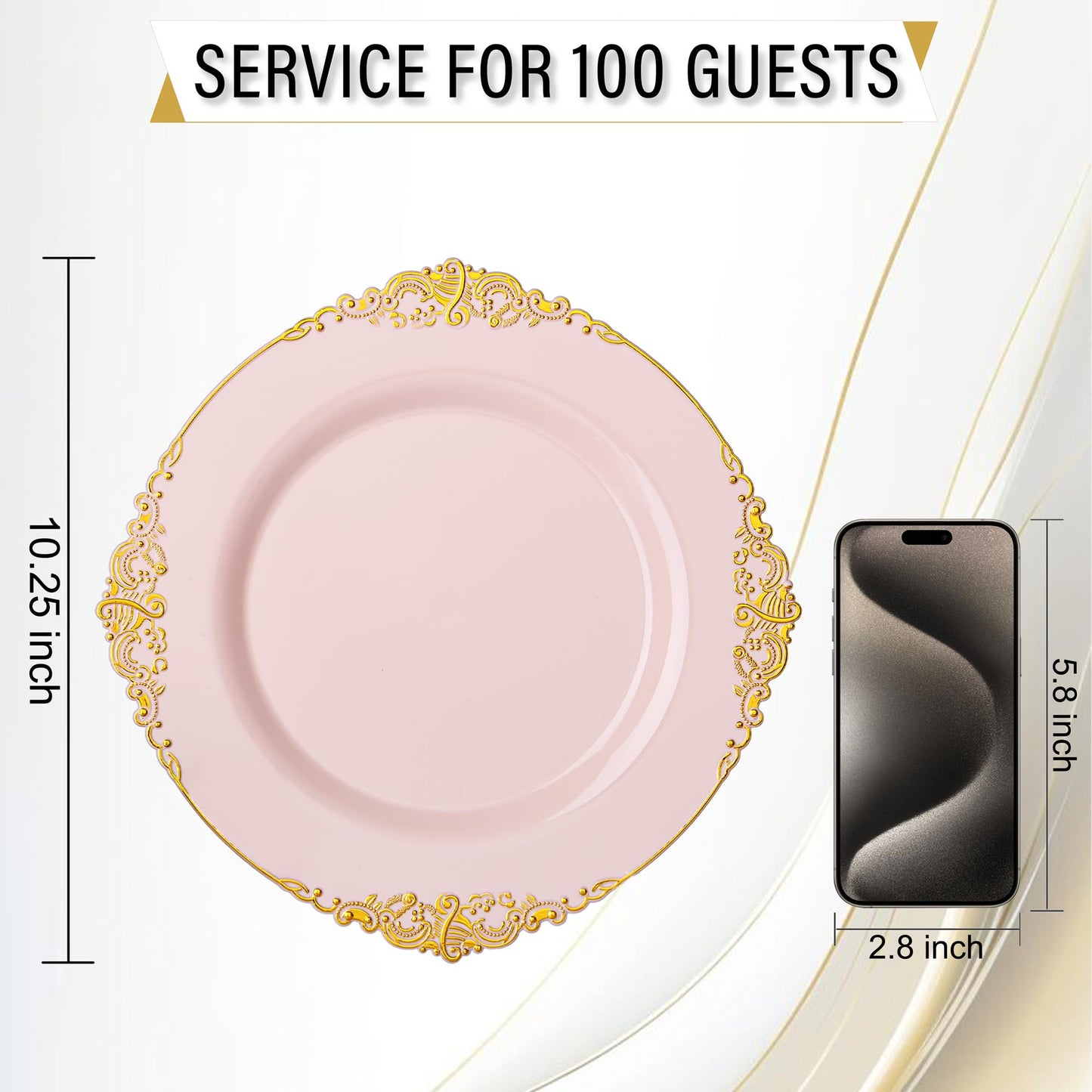 Nervure 100PCS Pink and Gold Plastic Plates - 10.25Inch Pink Disposable Plates - Plastic Dinner Plate for Weddings & Parties