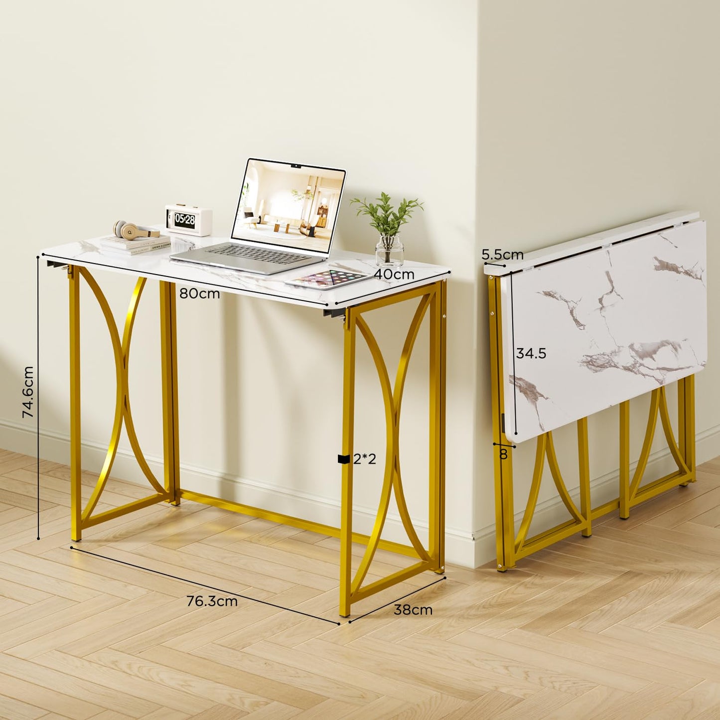 coeztt Folding Desk, 31.5" Small Desk for Bedroom, Space Saving Foldable Computer Desk for Home Office, Easy Assembly, White and Gold