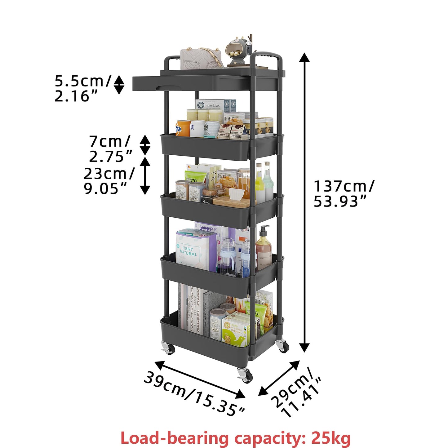 Calmootey 5-Tier Rolling Utility Cart with Drawer,Multifunctional Storage Organizer with Plastic Shelf & Metal Wheels,Storage Cart for Kitchen,Bathroom,Living Room,Office,Black