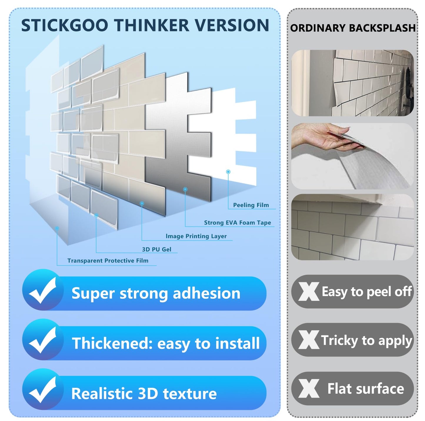 STICKGOO Subway Tile Peel and Stick Backsplash, Thicker Design 12" x 12" Stick on Backsplash Tiles for Kitchen, Bathroom, Wall Tile (10 Sheets, Light Gray Beige)