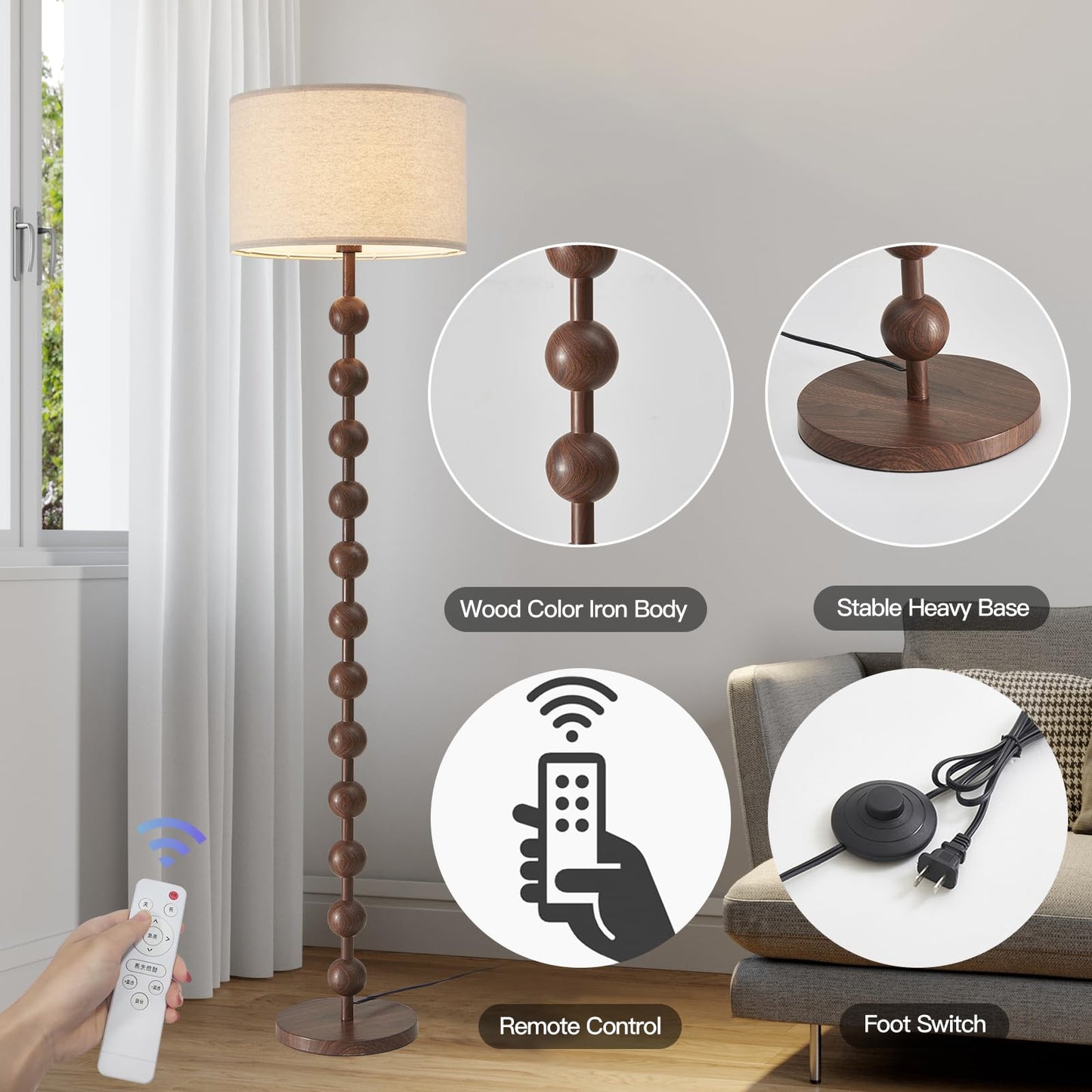 Fetason Modern Dimmable Floor Lamp with Remote Control for Living Room Bedroom, Red Wood Pattern Tall Standing Lamp Light for Home Office Dining Room with Fabric Shade